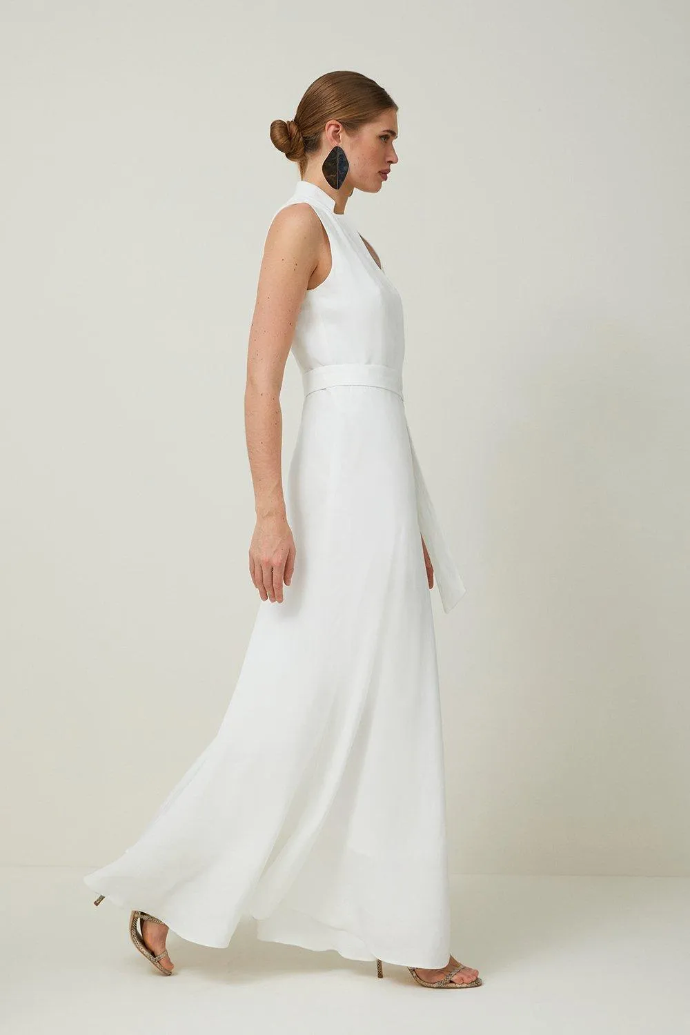 Petite Premium Tailored Linen Notch Neck Belted Midaxi Dress BKK16703