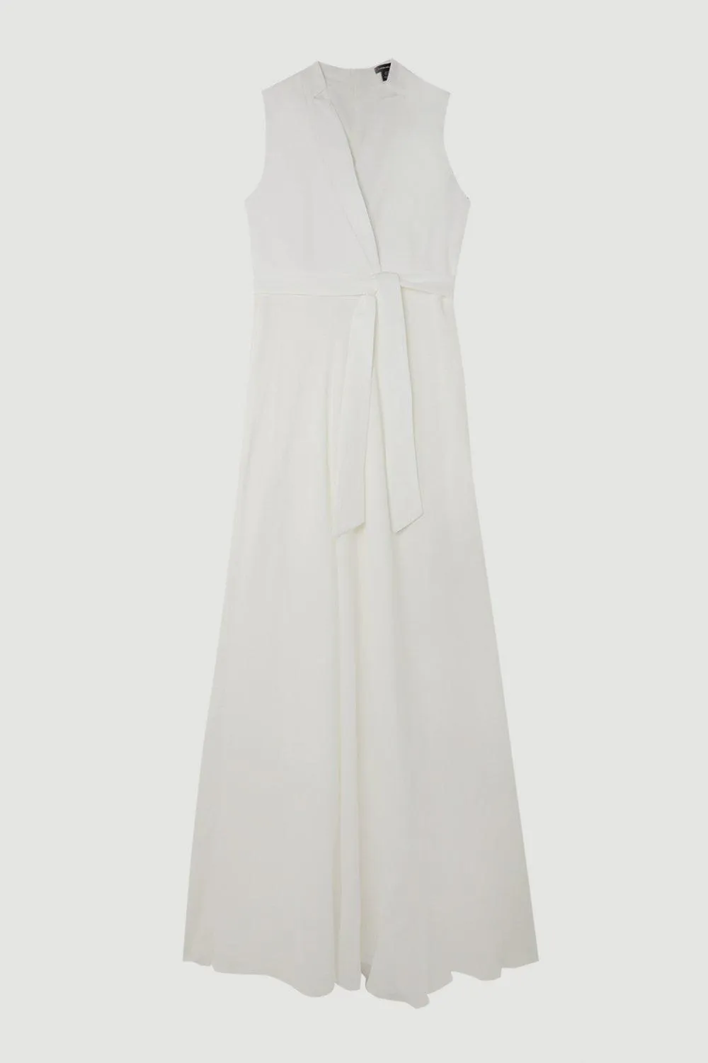 Petite Premium Tailored Linen Notch Neck Belted Midaxi Dress BKK16703