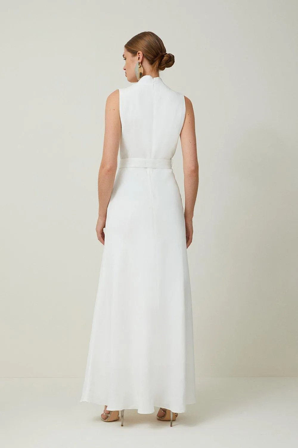 Petite Premium Tailored Linen Notch Neck Belted Midaxi Dress BKK16703