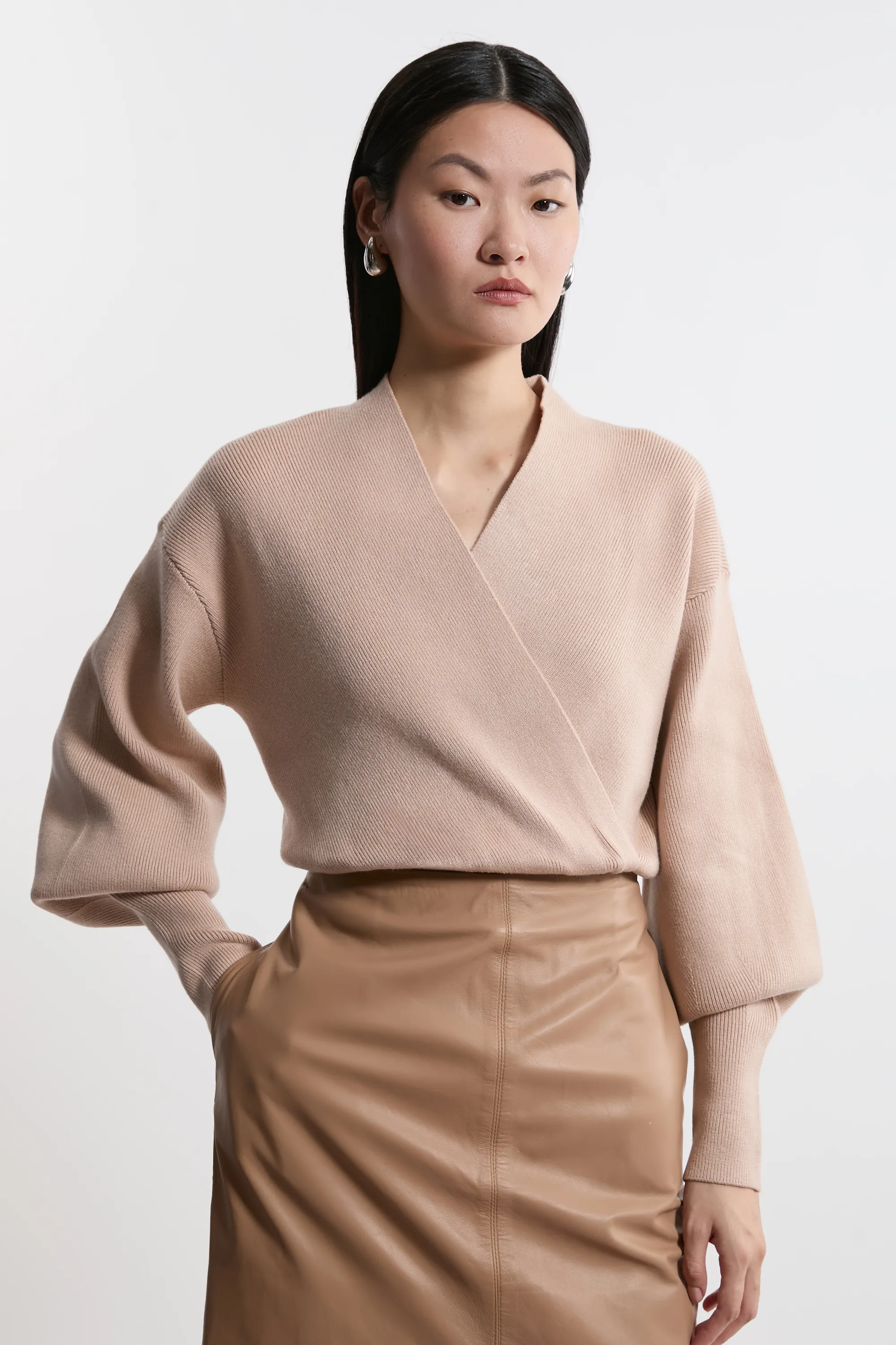 Wool Look Compact Stitch Wrap Knit Top BKK20391