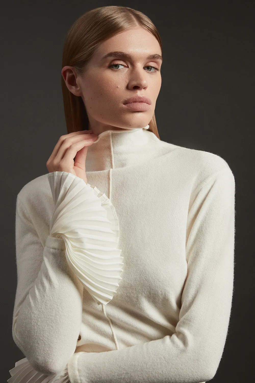 Wool and Alpaca Blend Knit Top With Pleated Silk Woven Cuffs BKK20445