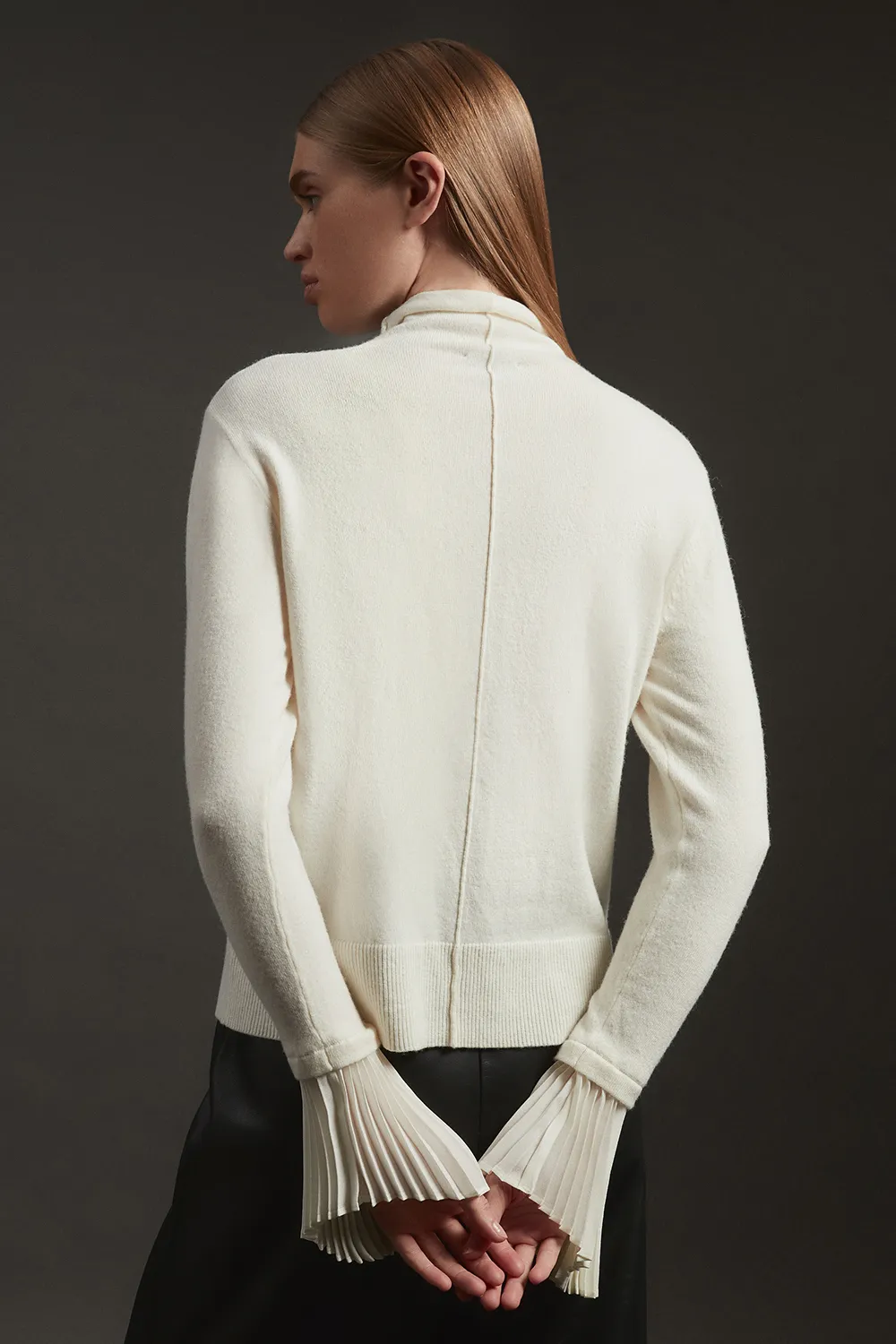 Wool and Alpaca Blend Knit Top With Pleated Silk Woven Cuffs BKK20445