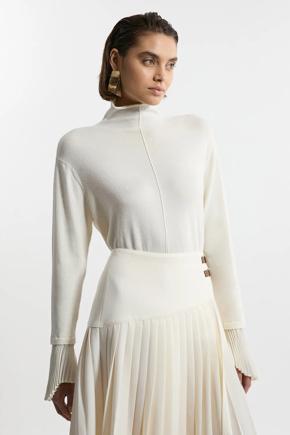Wool and Alpaca Blend Knit Top With Pleated Silk Woven Cuffs BKK20445