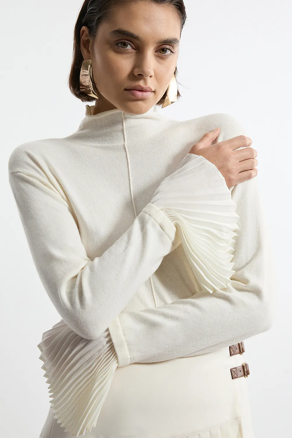 Wool and Alpaca Blend Knit Top With Pleated Silk Woven Cuffs BKK20445