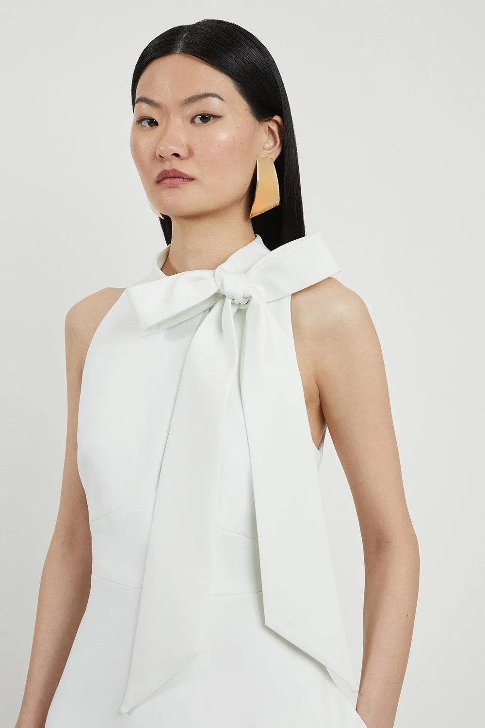 Petite Compact Stretch Bow Tie Neck Full Skirted Midi Dress BKK20496