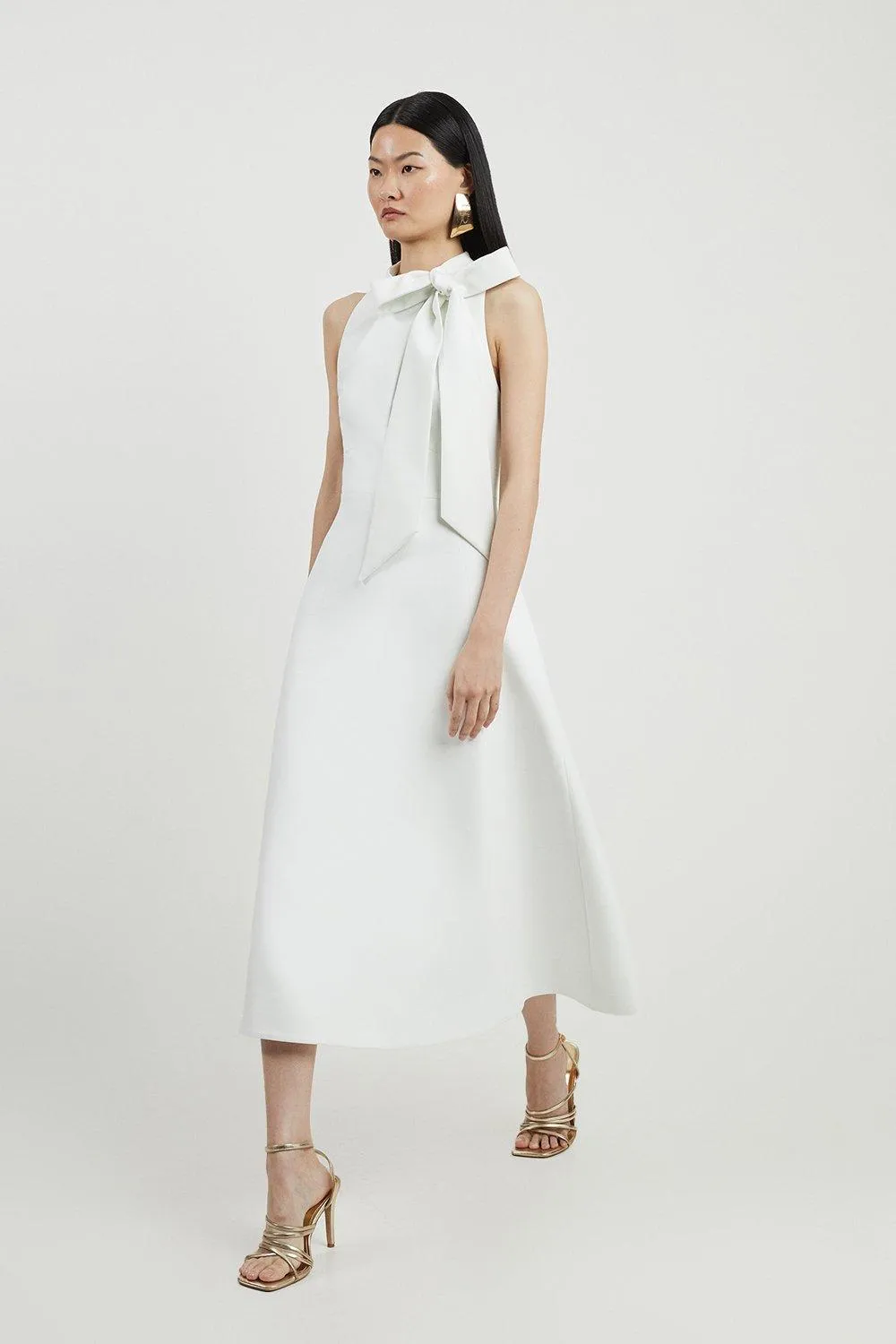 Petite Compact Stretch Bow Tie Neck Full Skirted Midi Dress BKK20496 3 Petite Compact Stretch Bow Tie Neck Full Skirted Midi Dress BKK20496