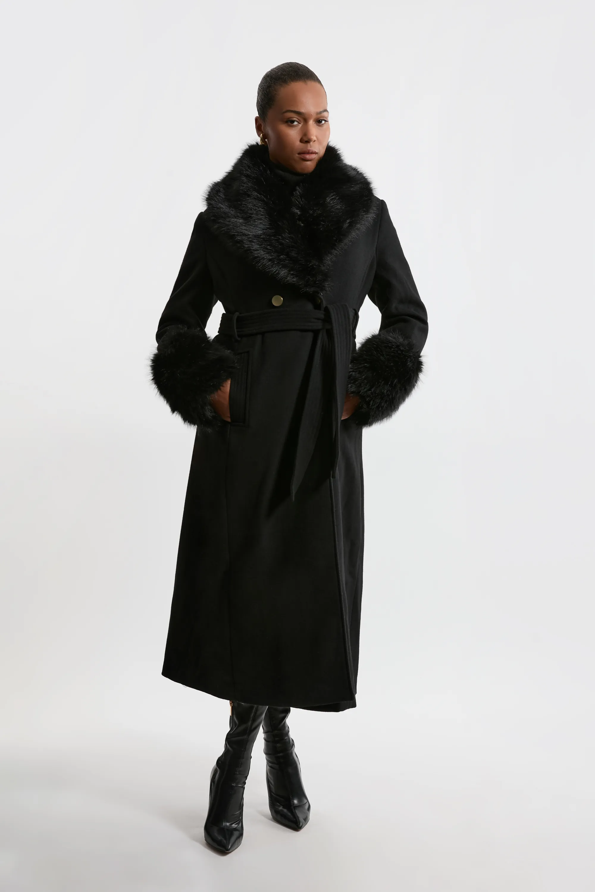 Plus Size Wool Blend Detachable Faux Fur Belted Midi Coat BKK20501
