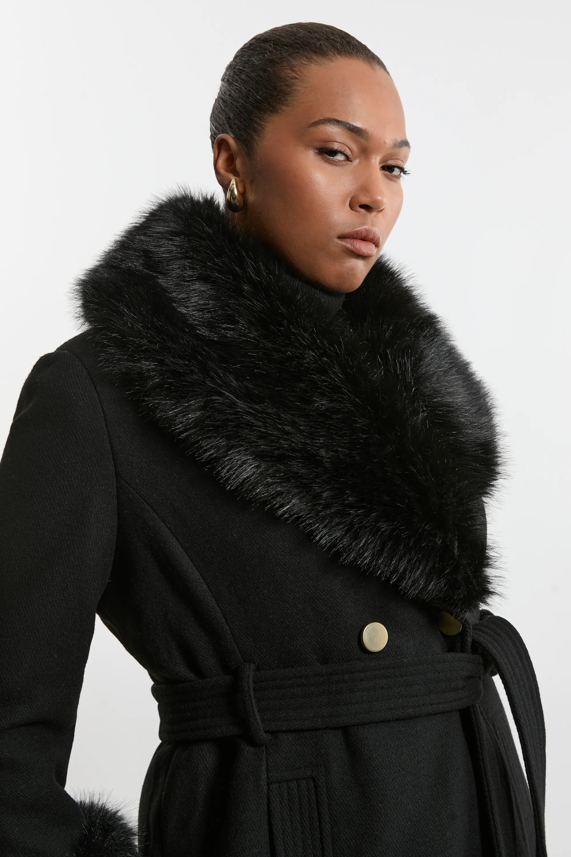 Plus Size Wool Blend Detachable Faux Fur Belted Midi Coat BKK20501