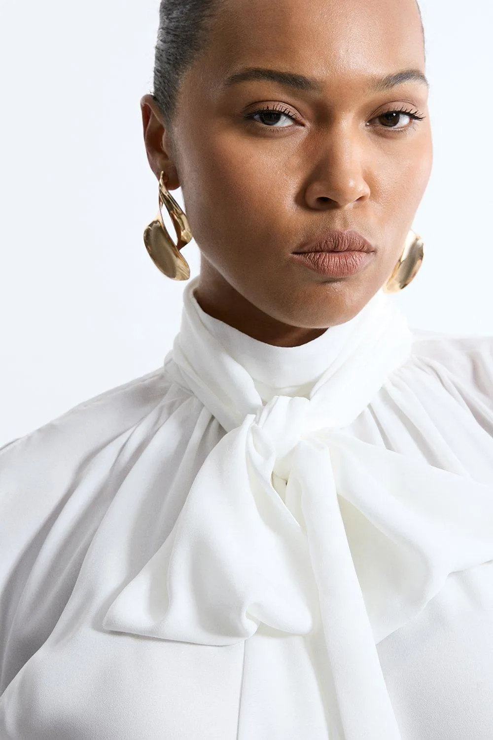 Plus Size Pussy Bow Tie Woven Georgette Blouse BKK20671