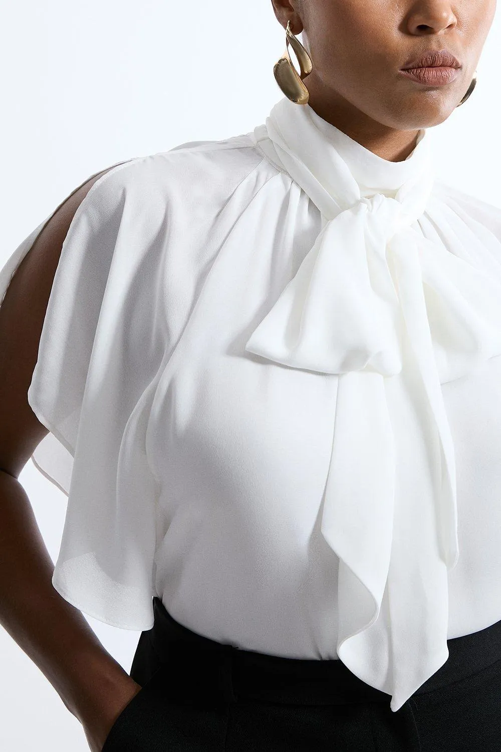 Plus Size Pussy Bow Tie Woven Georgette Blouse BKK20671