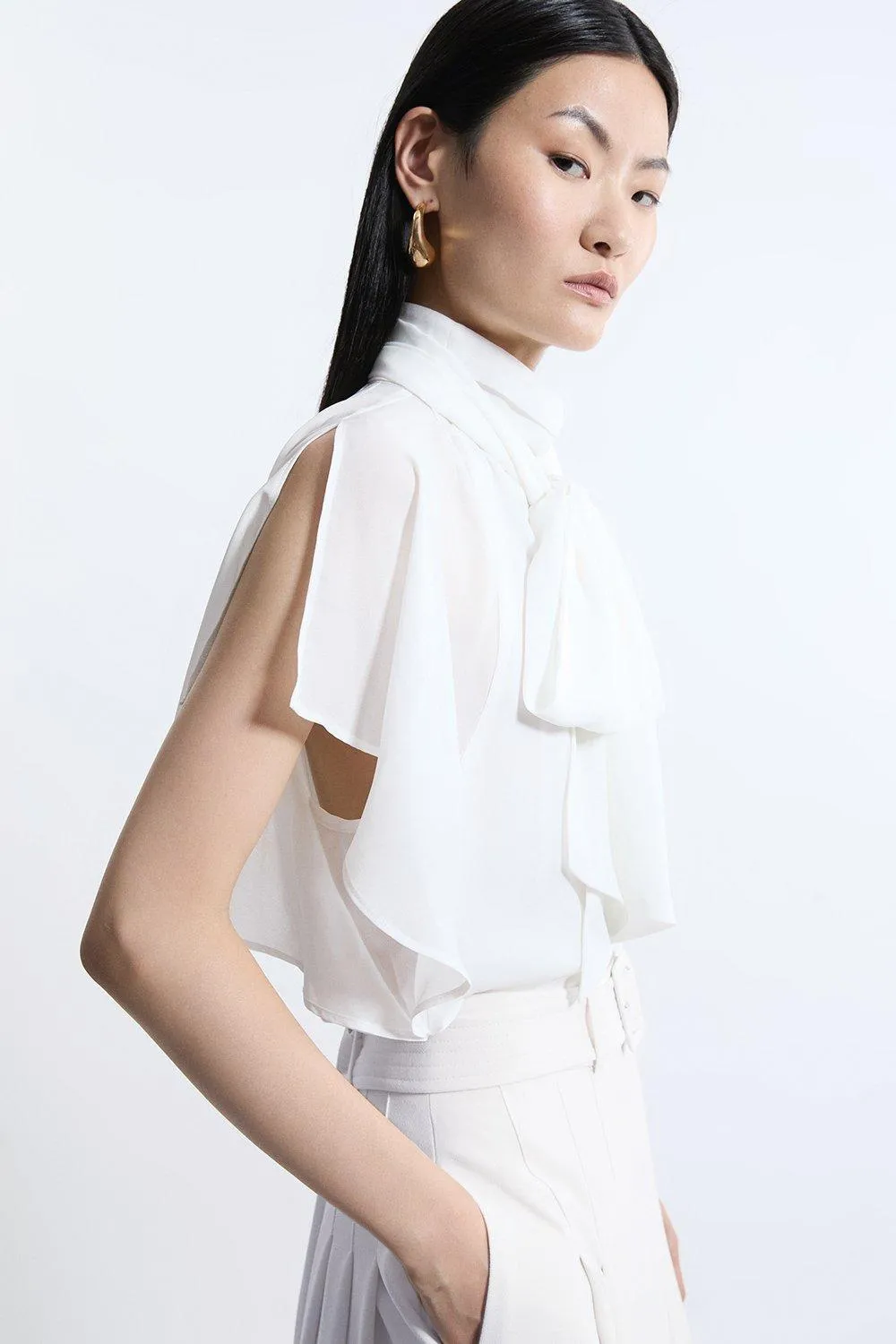 Pussy Bow Tie Woven Georgette Blouse BKK20788