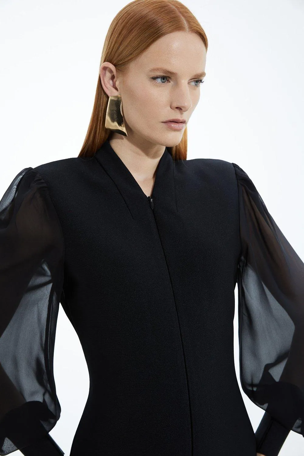 Bandage Figure Form Zip Detail Chiffon Sleeve Knit Dress BKK21057