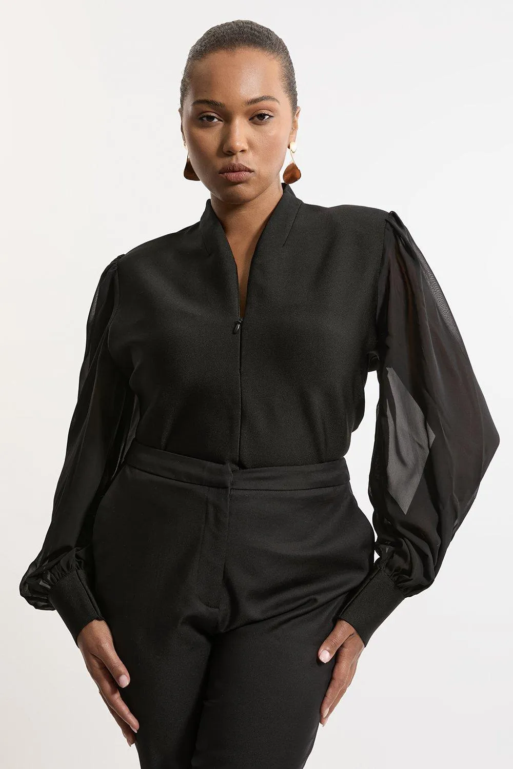 Plus Size Bandage Figure Form Zip Detail Chiffon Sleeve Knit Top BKK21058