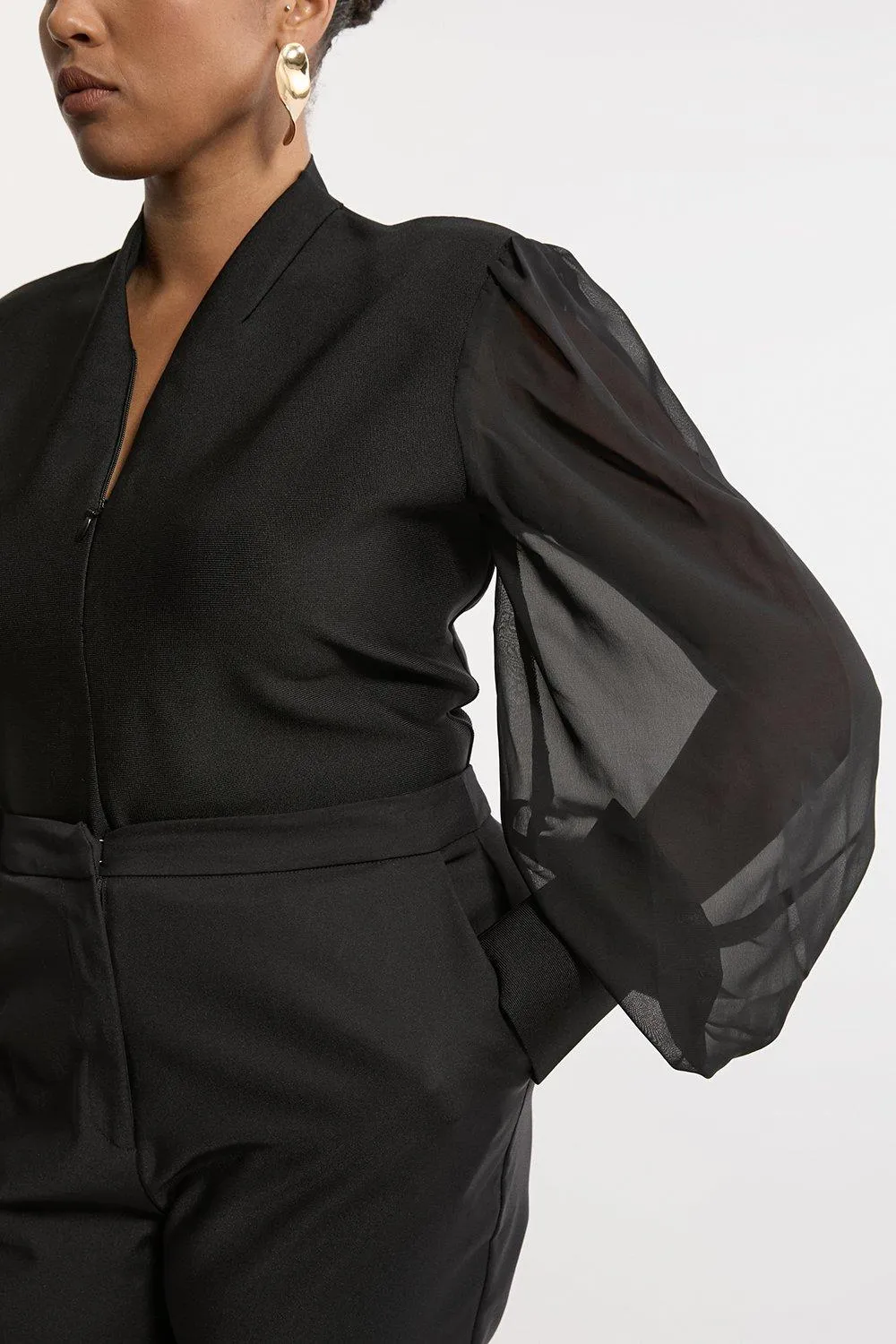 Plus Size Bandage Figure Form Zip Detail Chiffon Sleeve Knit Top BKK21058 3 Plus Size Bandage Figure Form Zip Detail Chiffon Sleeve Knit Top BKK21058