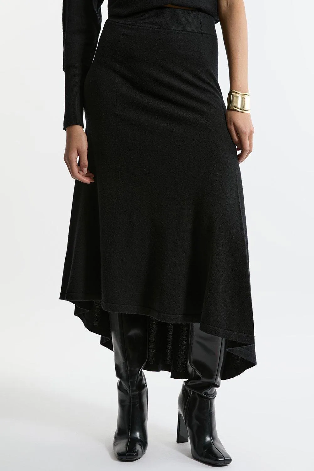 Wool Blend Knit High Low Midi Skirt Wool BKK21109