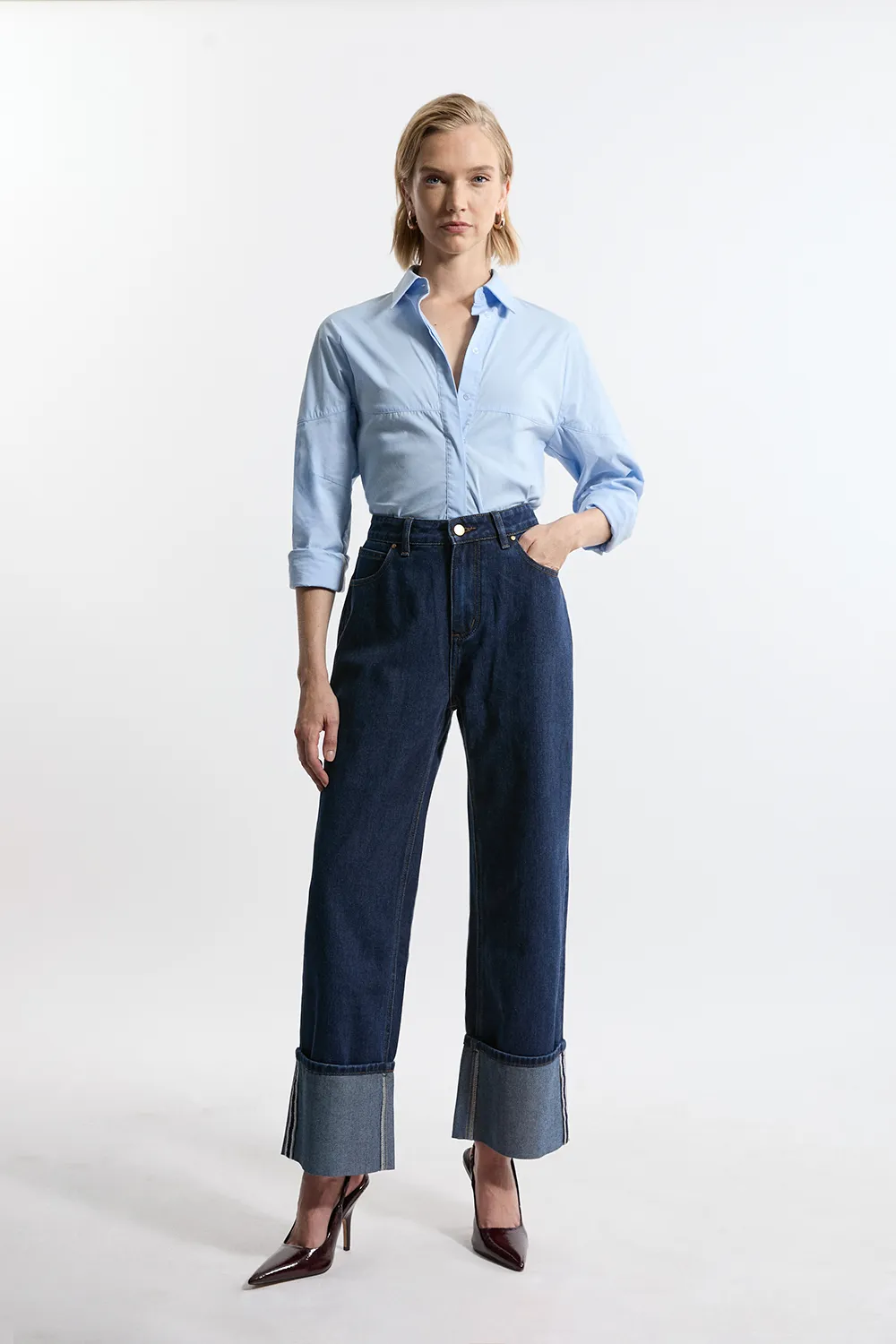 Denim Straight Leg Turn Up Hem Jeans BKK21239