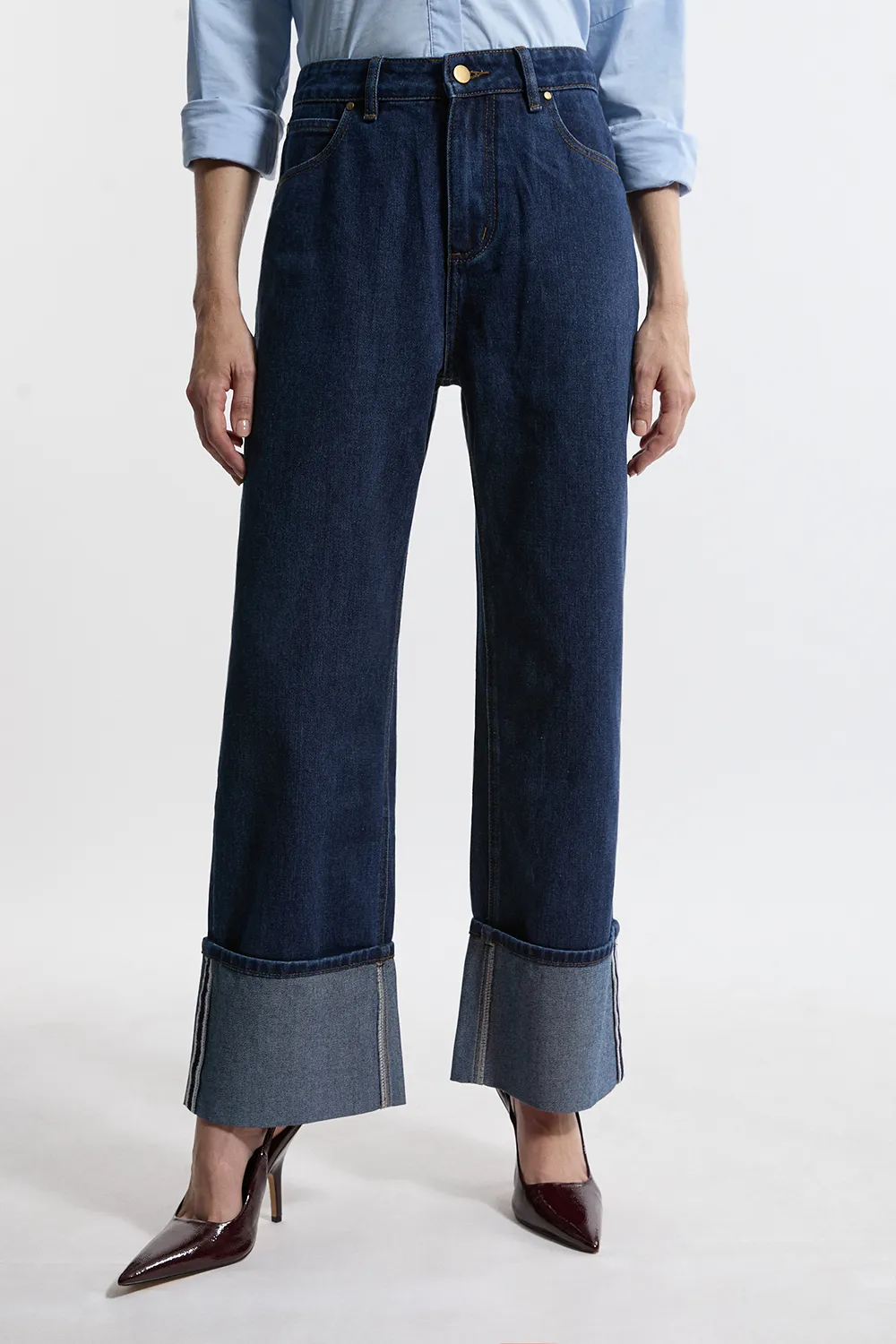 Denim Straight Leg Turn Up Hem Jeans BKK21239