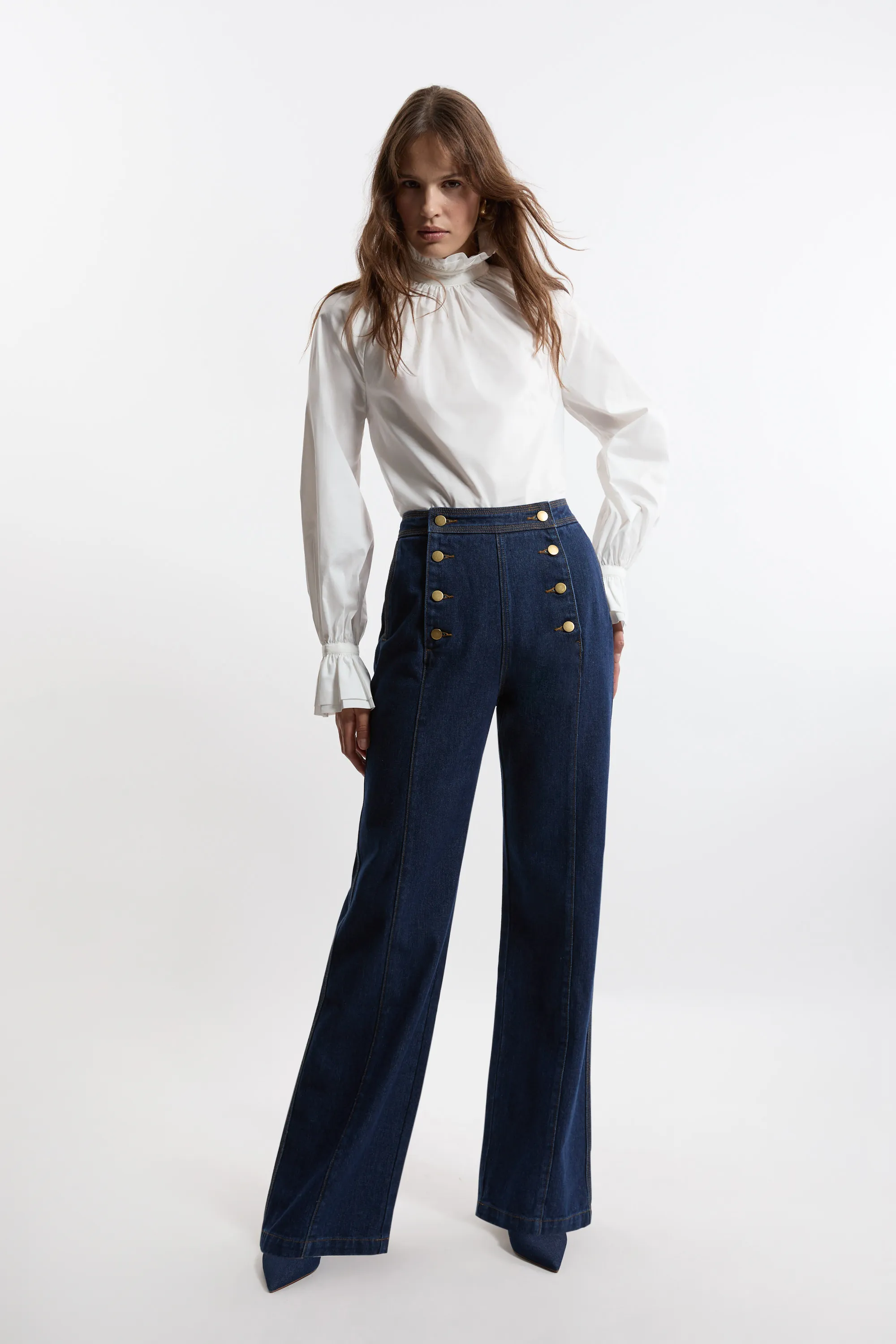 Denim Tailored Button Front Straight Leg Jeans BKK21288