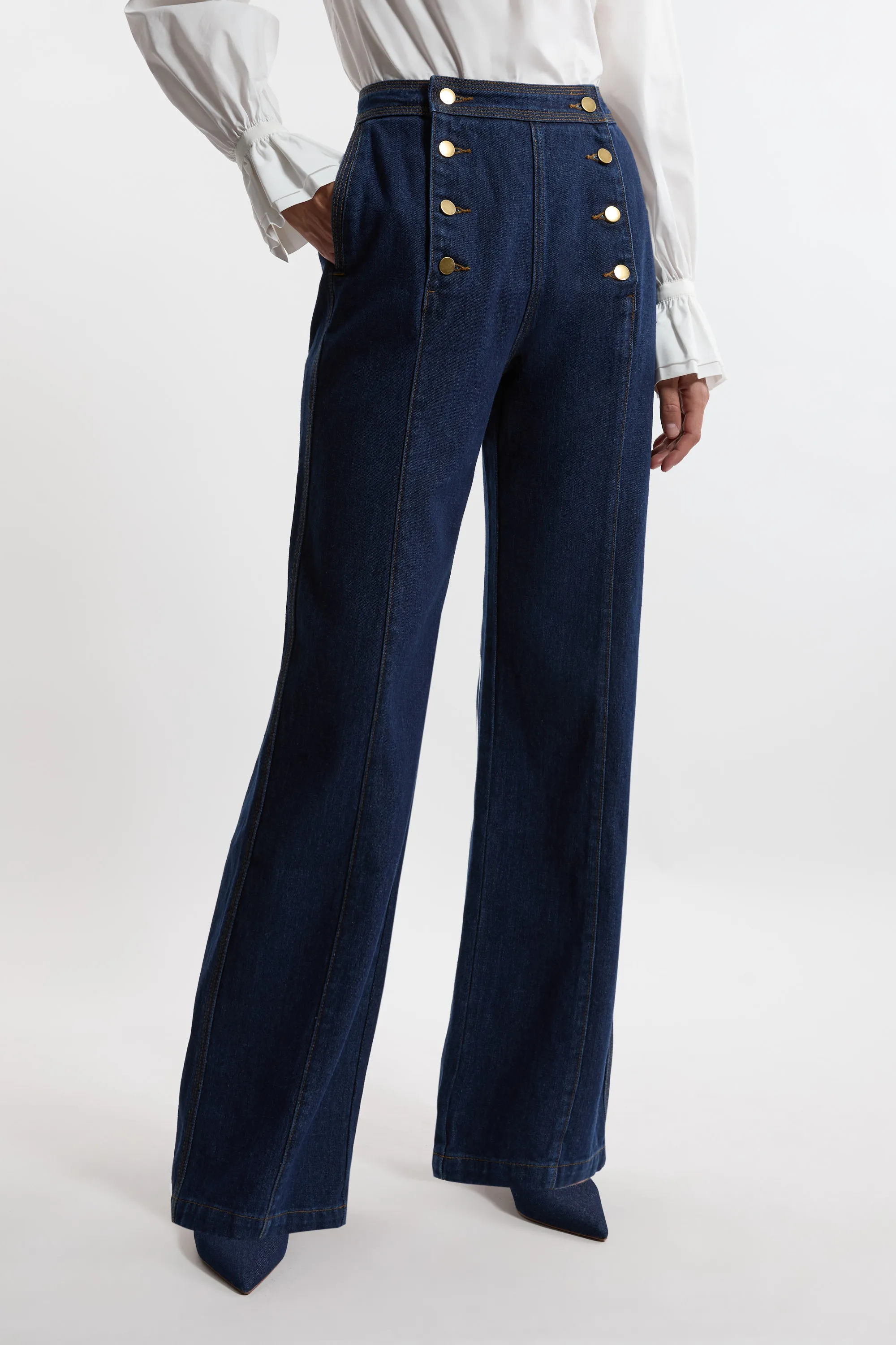 Denim Tailored Button Front Straight Leg Jeans BKK21288