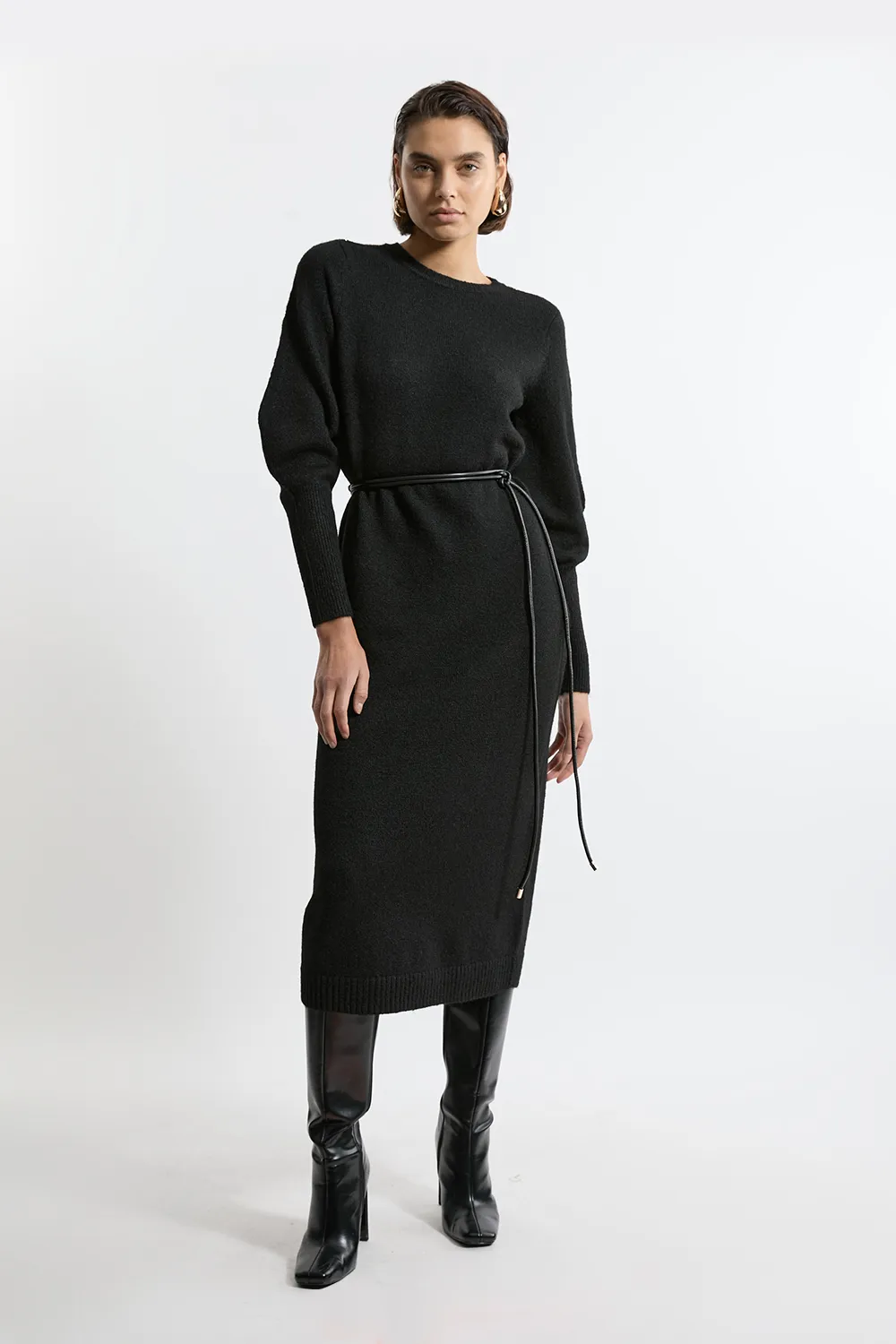 Wool Blend Cosy Knit Belted Long Sleeve Midi Dress BKK21304