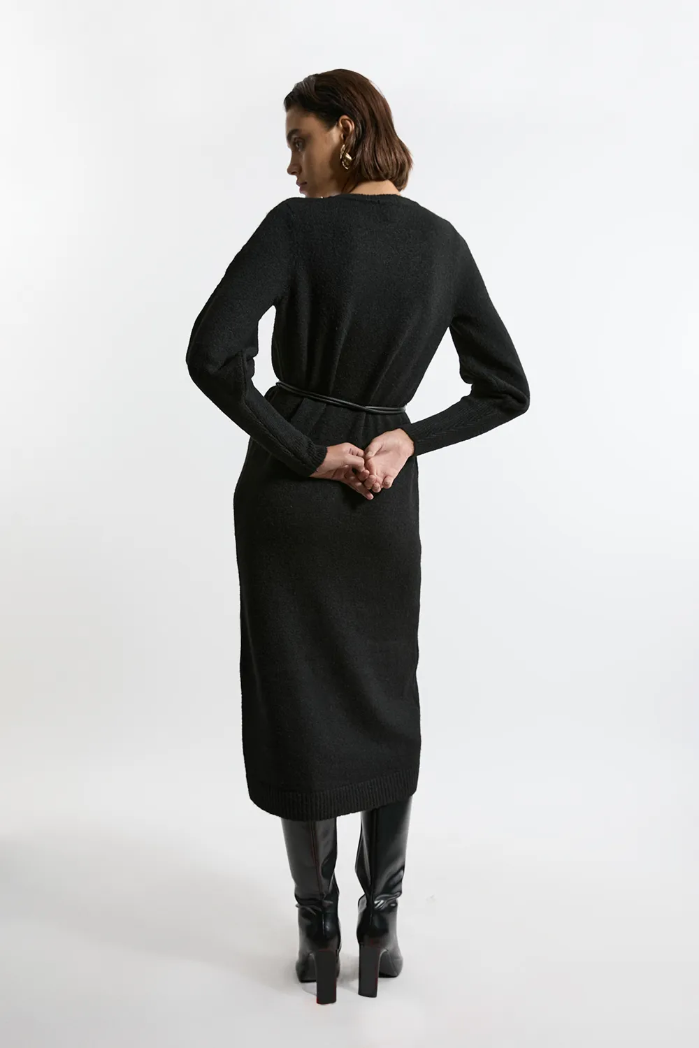 Wool Blend Cosy Knit Belted Long Sleeve Midi Dress BKK21304