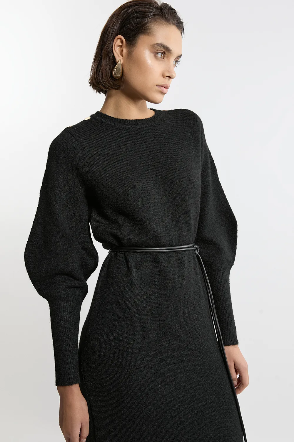 Wool Blend Cosy Knit Belted Long Sleeve Midi Dress BKK21304