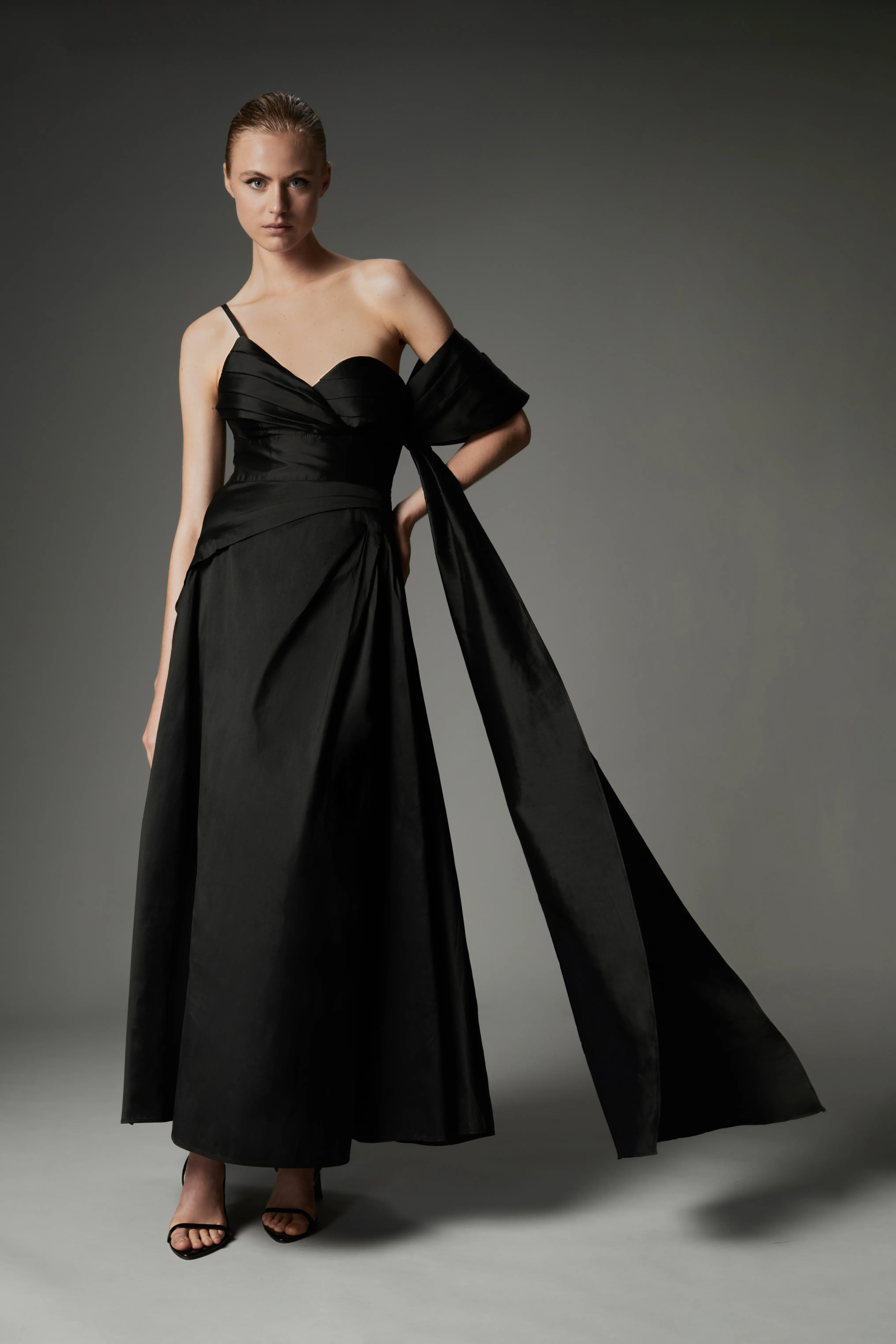 Archive Collection - Taffeta Draped Shoulder Midi Prom Dress BKK22311