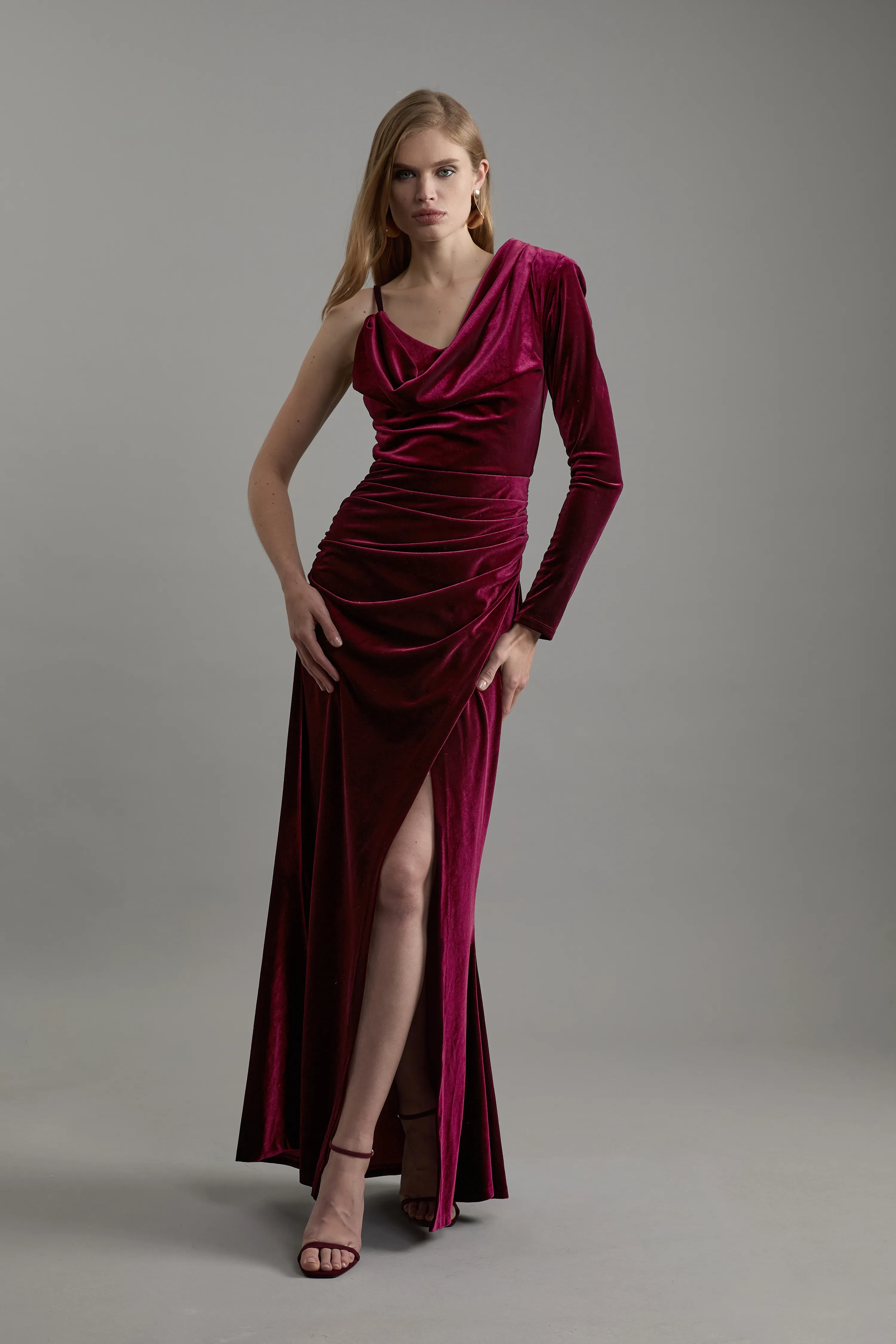 Petite Velvet Asymmetric One Shoulder Tailored Maxi Dress BKK22327