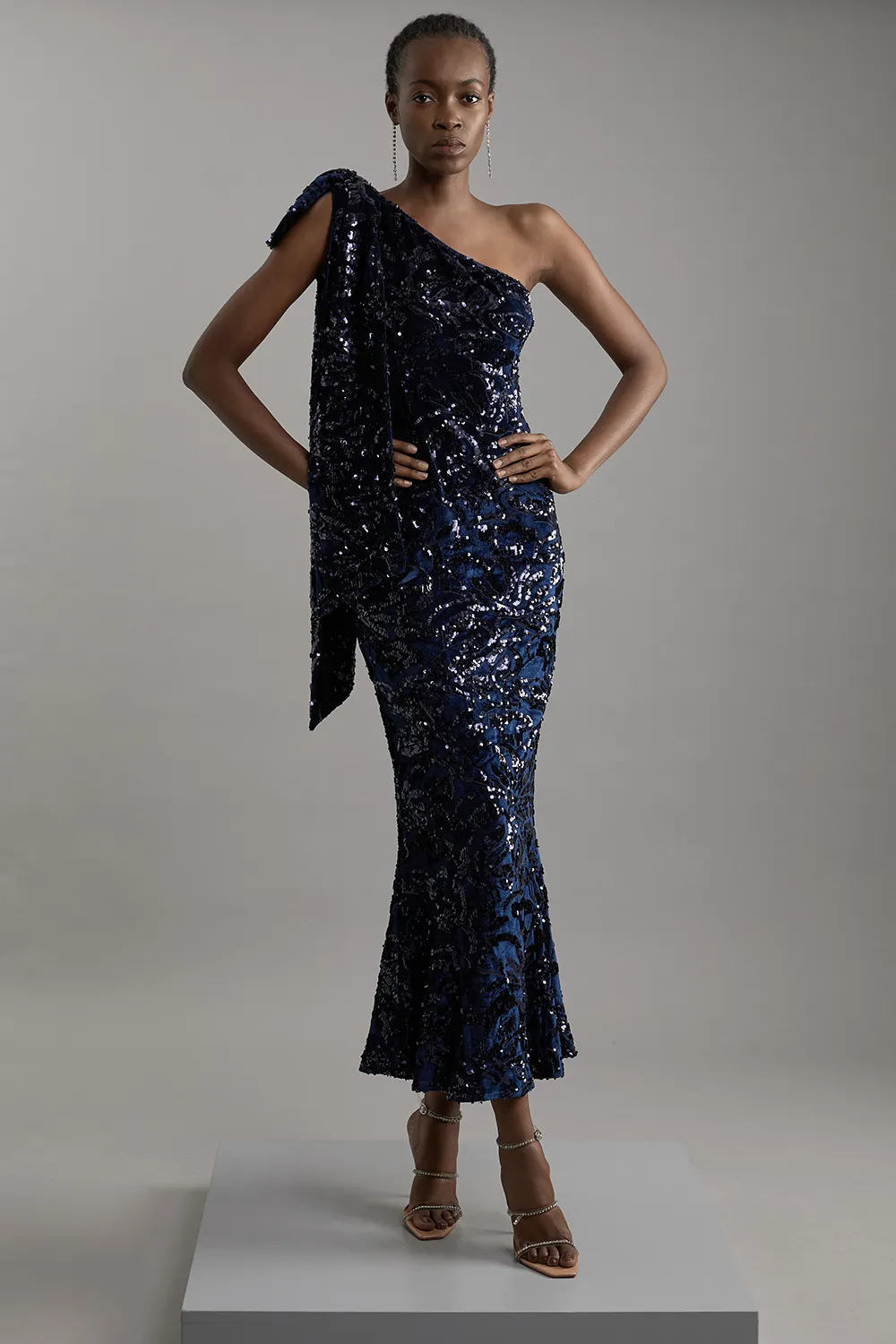 Petite Velvet Sequin One Shoulder Woven Maxi Dress BKK21827