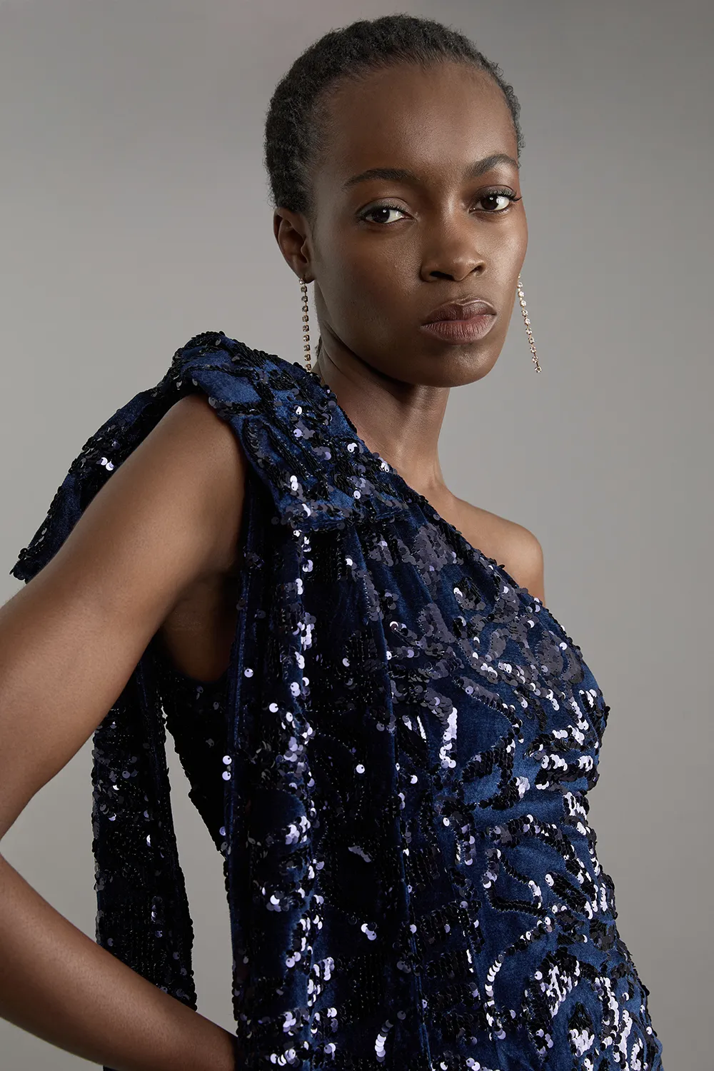 Petite Velvet Sequin One Shoulder Woven Maxi Dress BKK21827