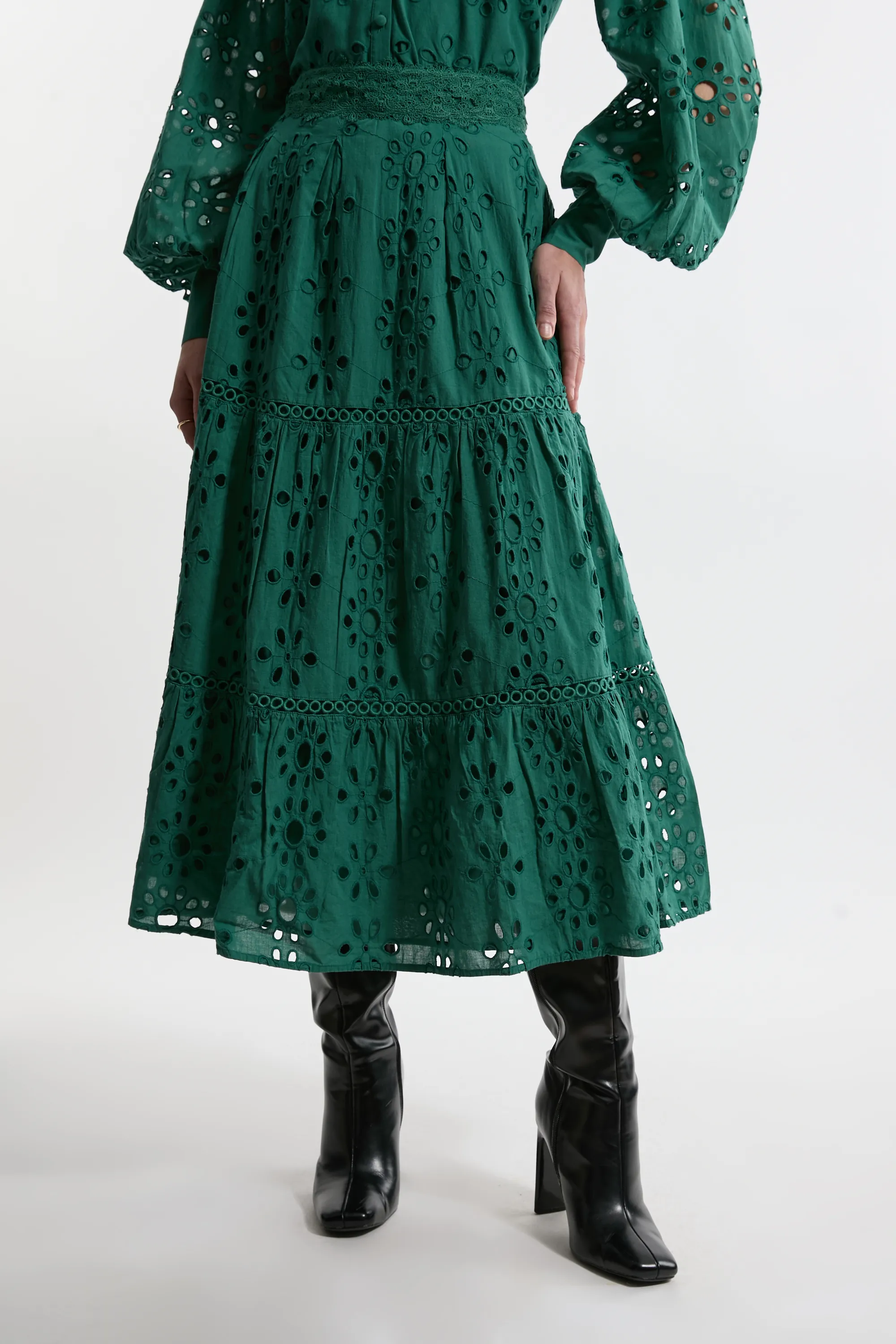 Eyelet Woven Midi Skirt With Guipure Trim BKK21953