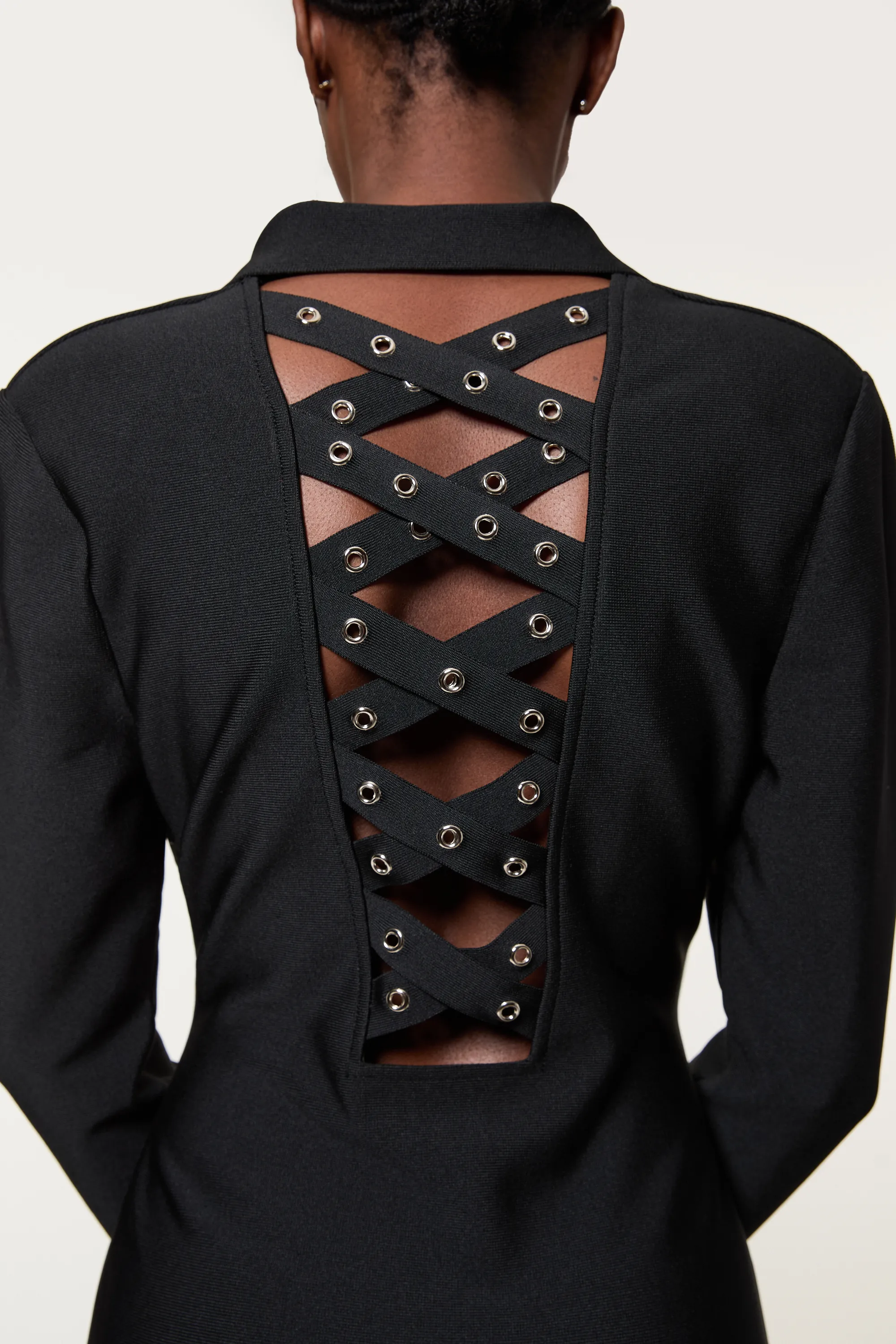 Figure Form Bandage Knit Eyelet Cross Back Detail Mini Dress BKK21987