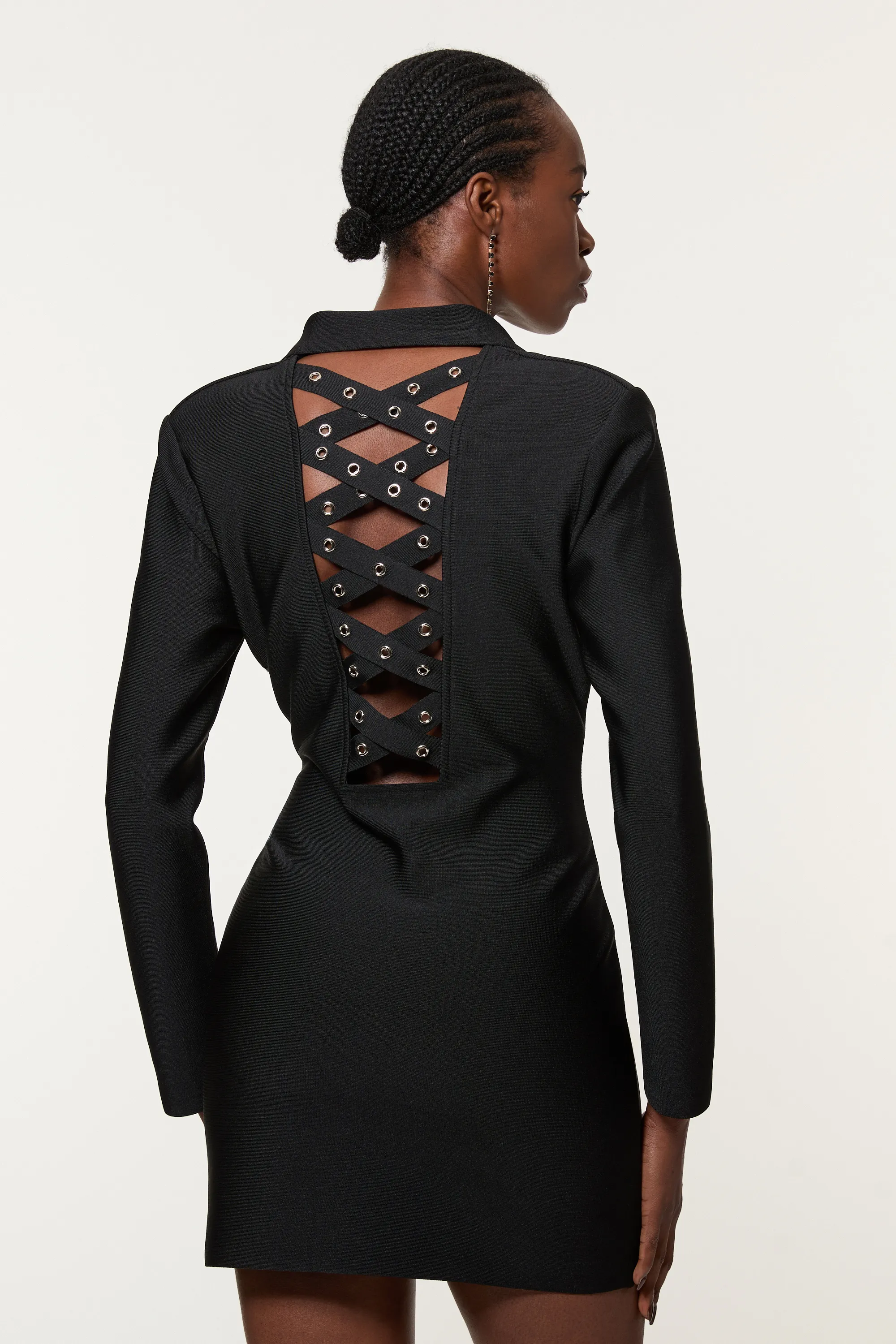 Figure Form Bandage Knit Eyelet Cross Back Detail Mini Dress BKK21987