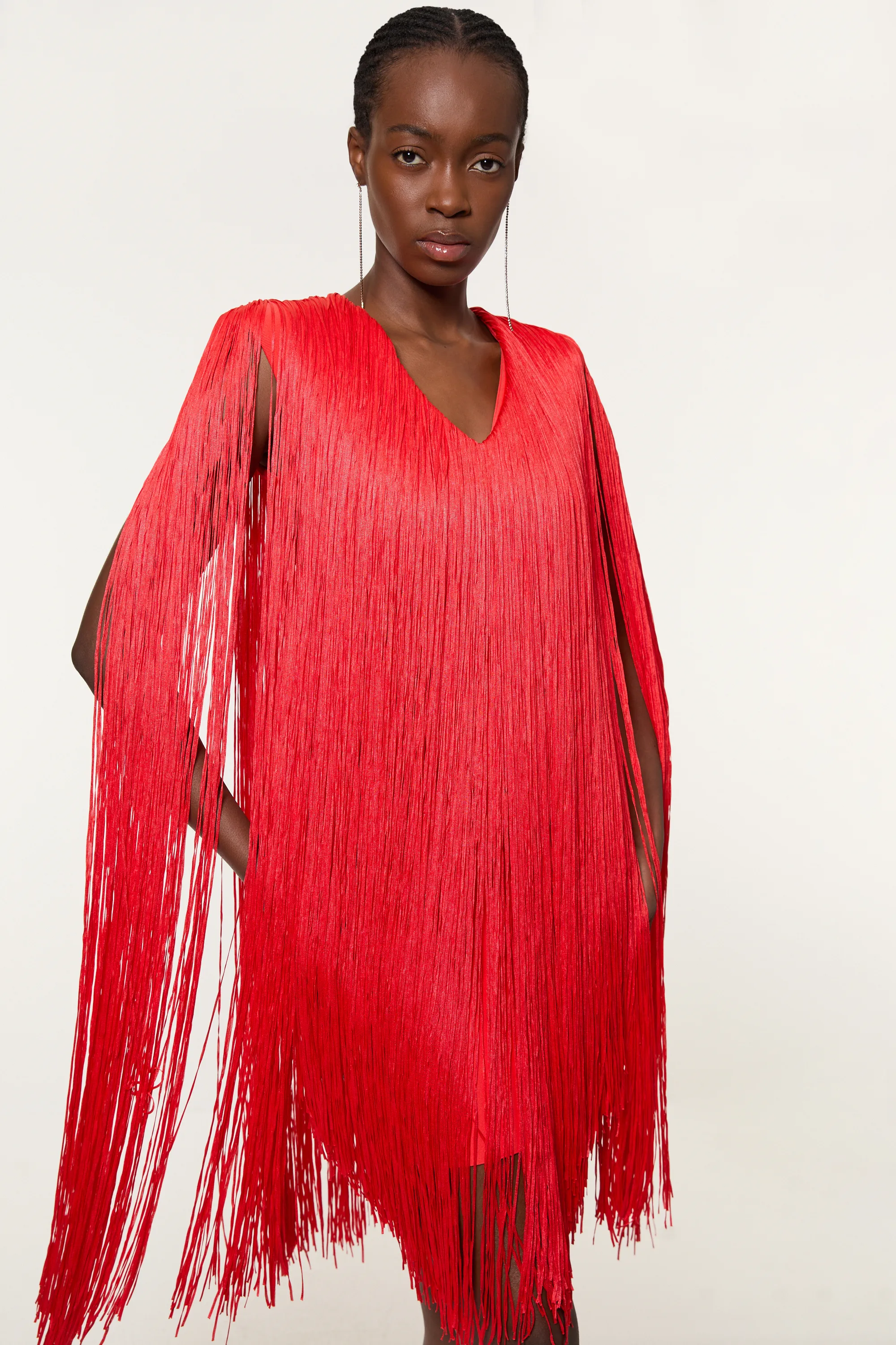 Figure Form Bandage Knit V Neck Fringe Mini Dress BKK21992