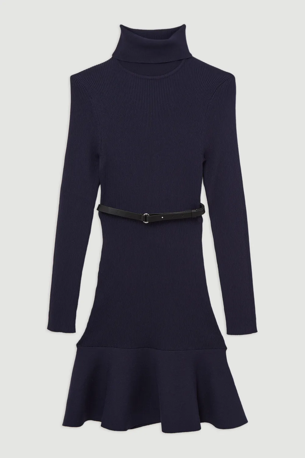 Viscose Blend Knit Turtleneck Belted Flippy Hem Mini Dress BKK21994