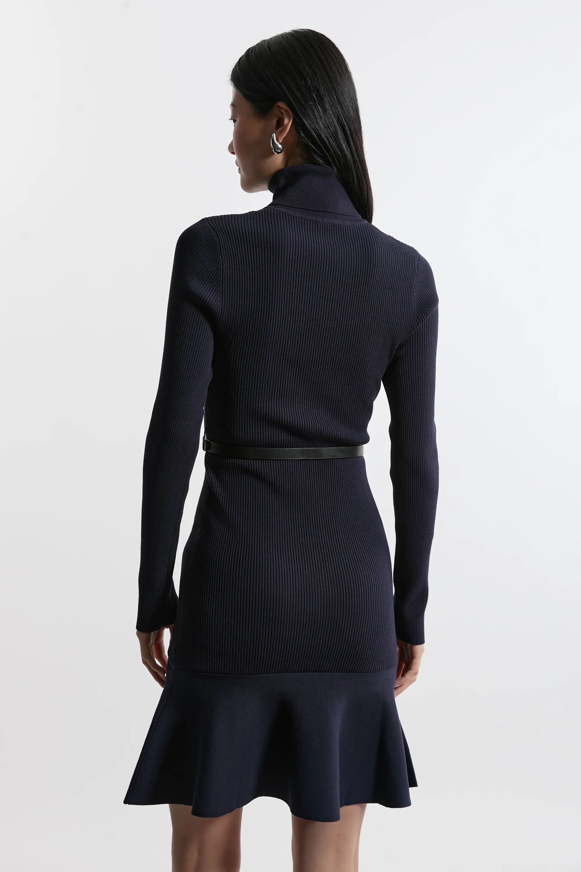 Viscose Blend Knit Turtleneck Belted Flippy Hem Mini Dress BKK21994