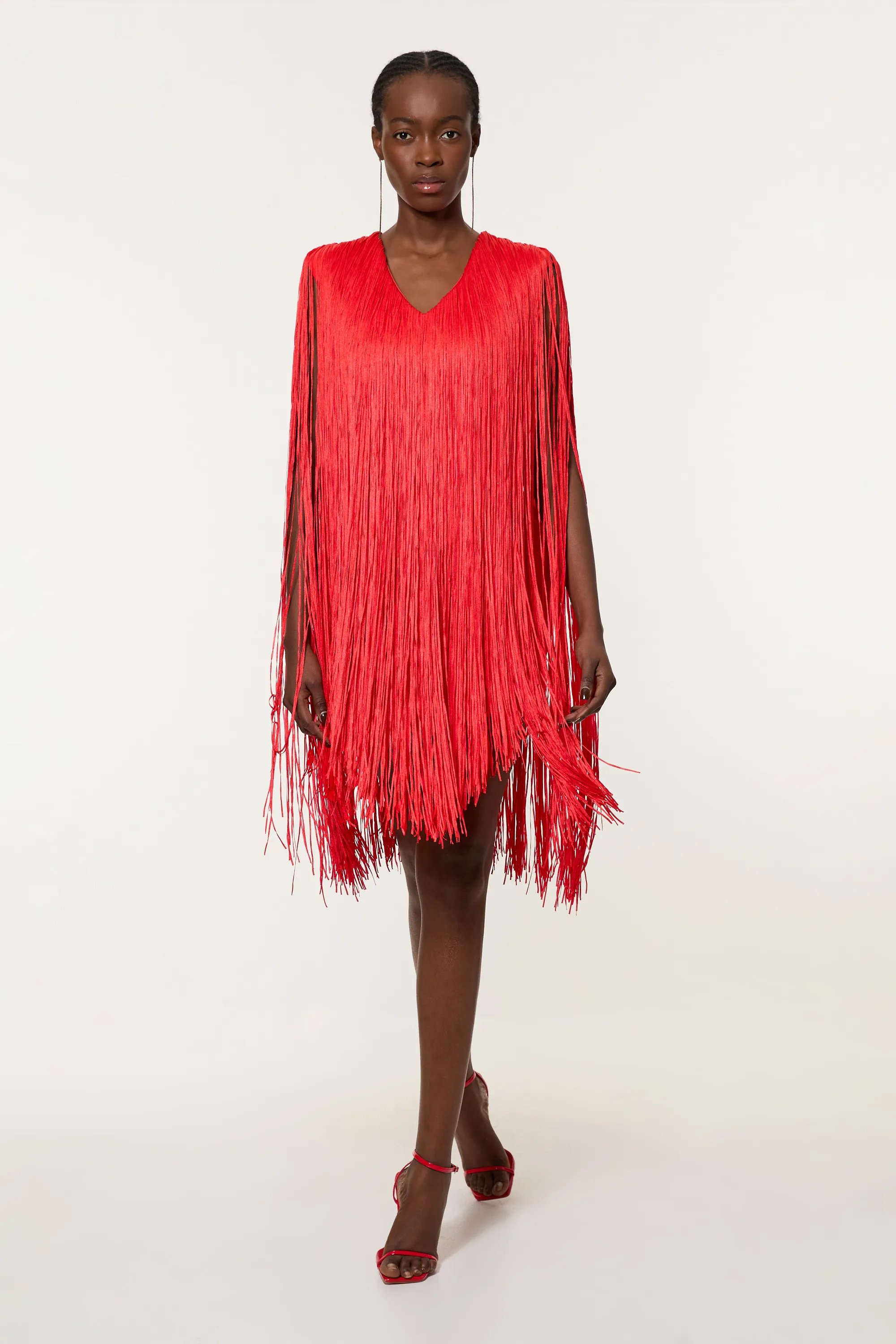 Petite Figure Form Bandage Knit V Neck Fringe Mini Dress BKK22001