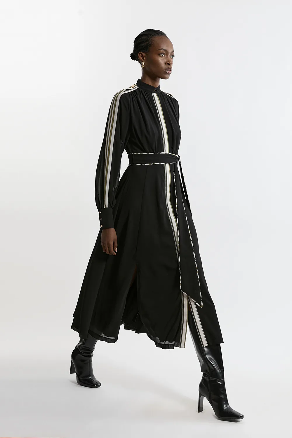 Military Mono Stripe Balloon Sleeve Maxi Dress BKK22387