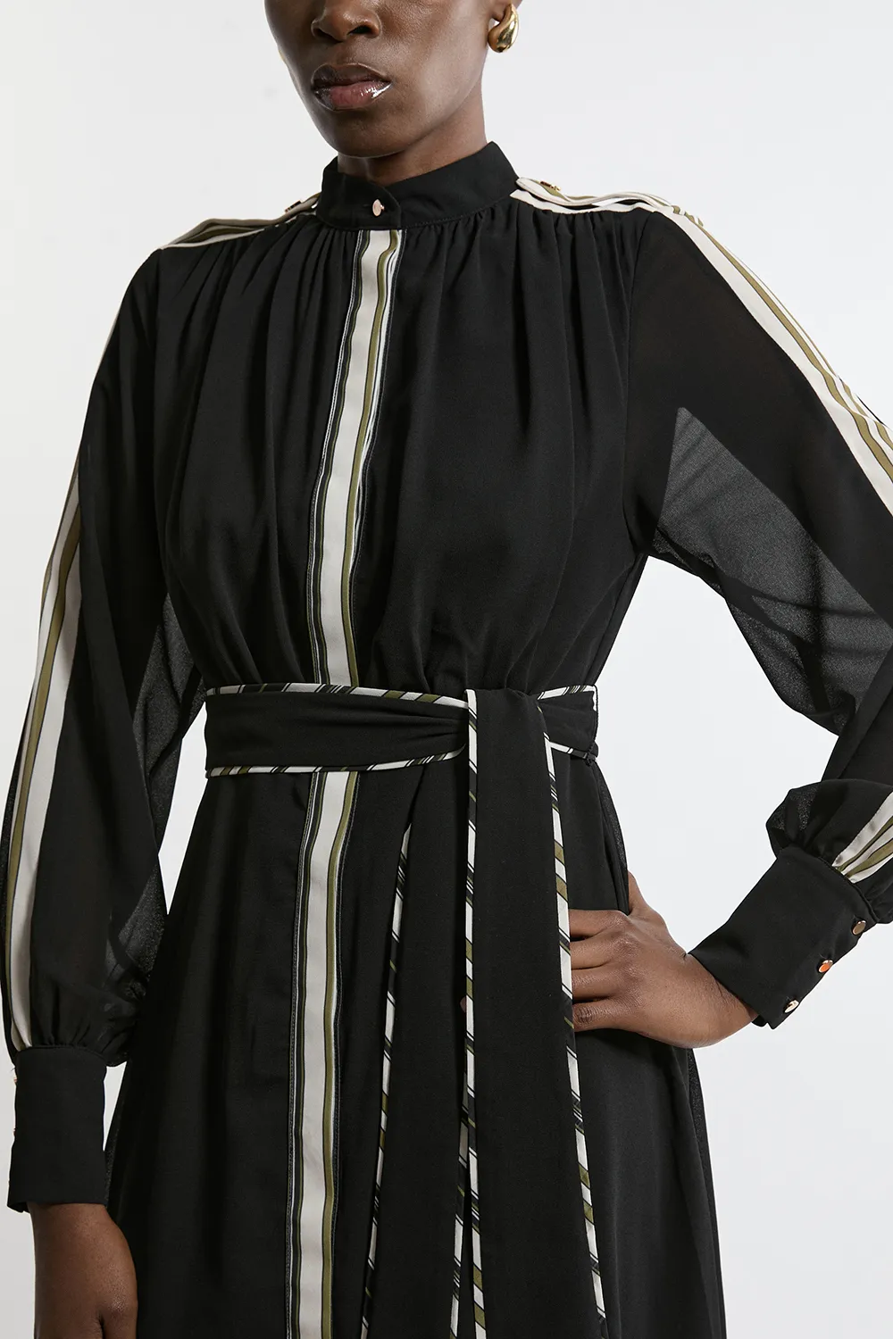 Military Mono Stripe Balloon Sleeve Maxi Dress BKK22387