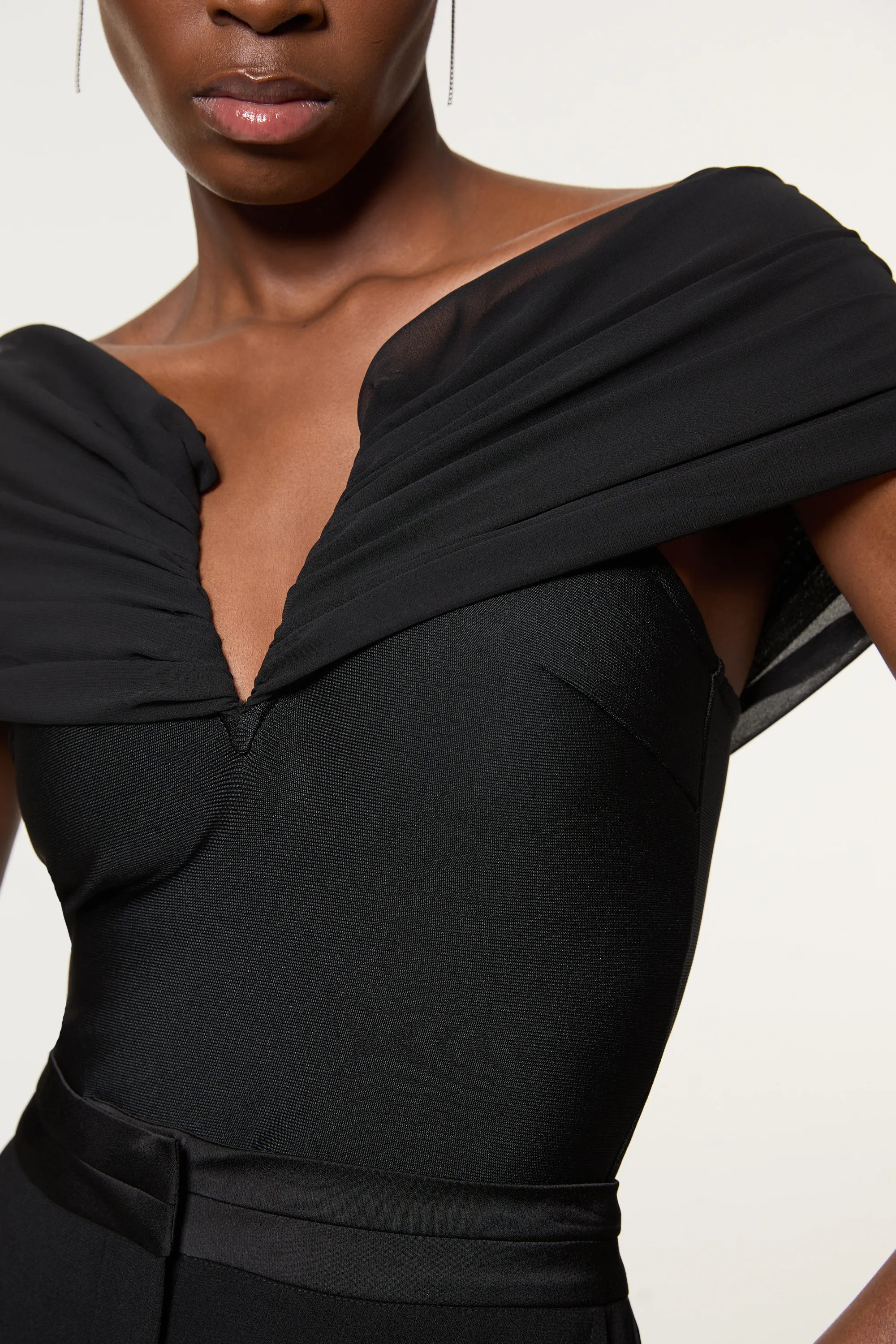 Figure Form Bandage Knit Woven Off The Shoulder Top BKK22096