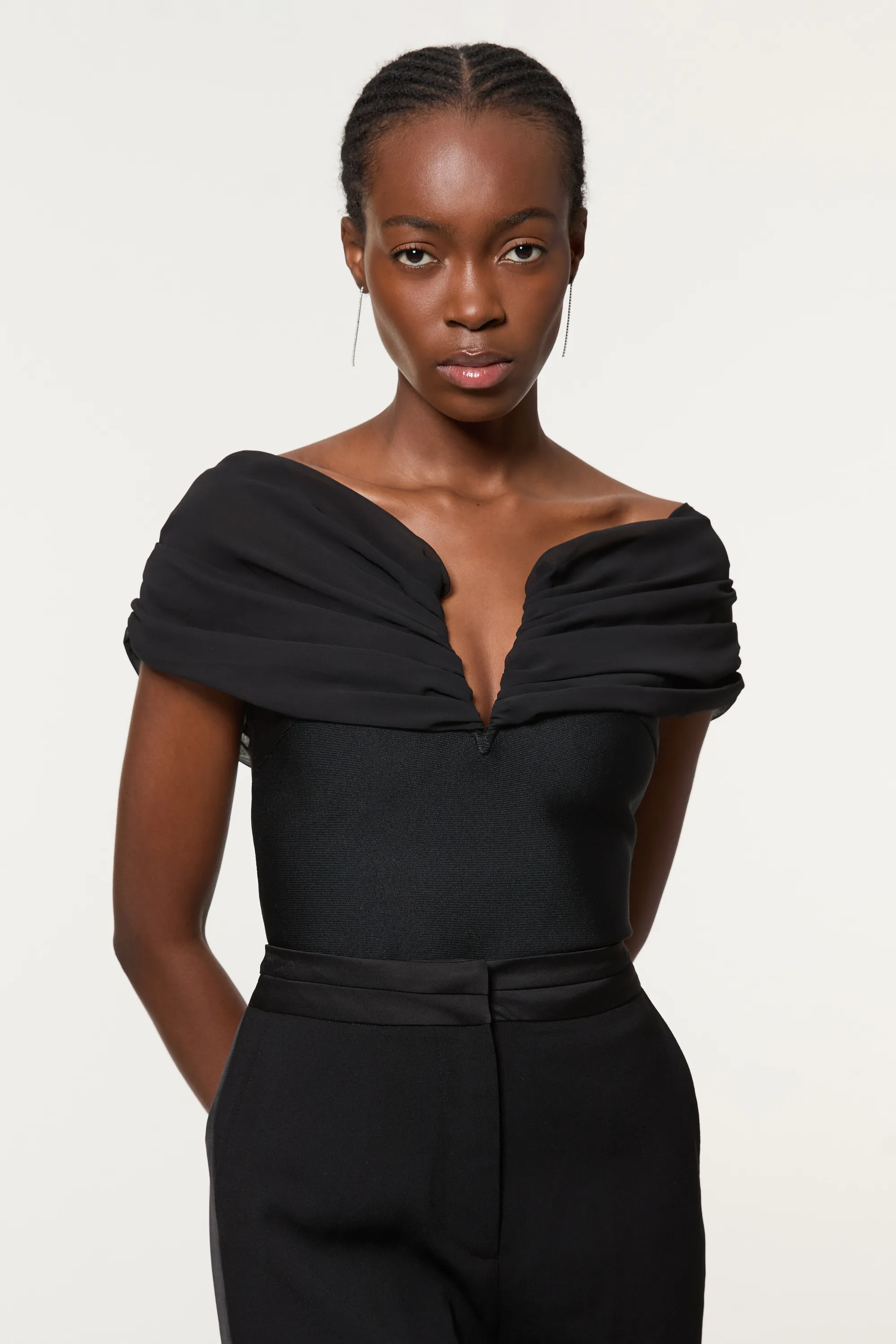 Figure Form Bandage Knit Woven Off The Shoulder Top BKK22096