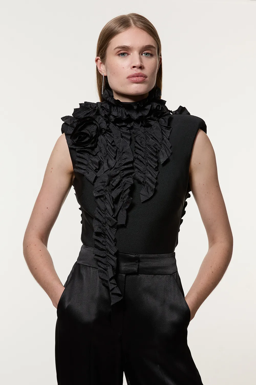 Figure Form Bandage Knit Woven Rosette Detail Top BKK22100