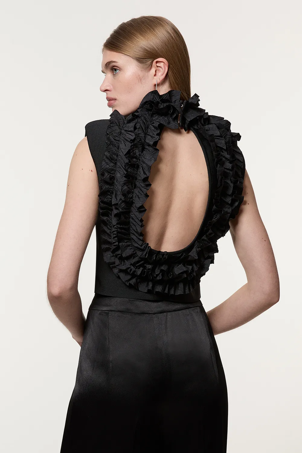 Figure Form Bandage Knit Woven Rosette Detail Top BKK22100