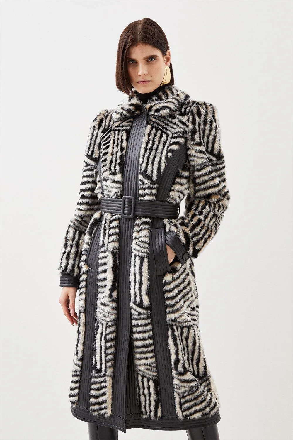 Faux Fur Pu Panelled Stripe Belted Coat BKK09259
