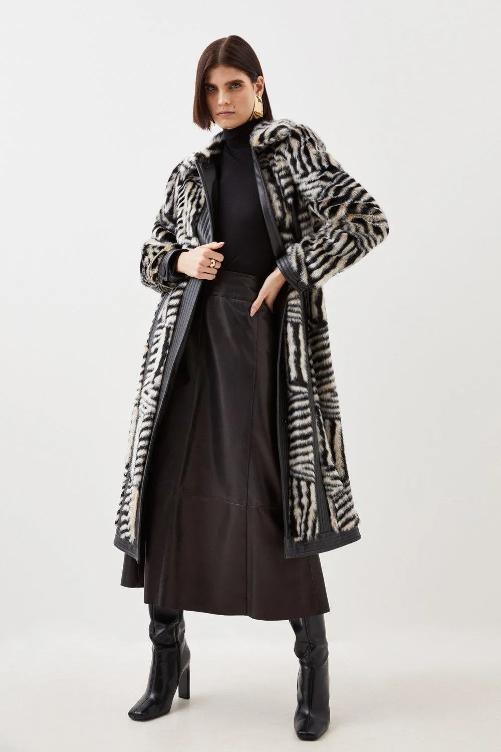 Faux Fur Pu Panelled Stripe Belted Coat BKK09259