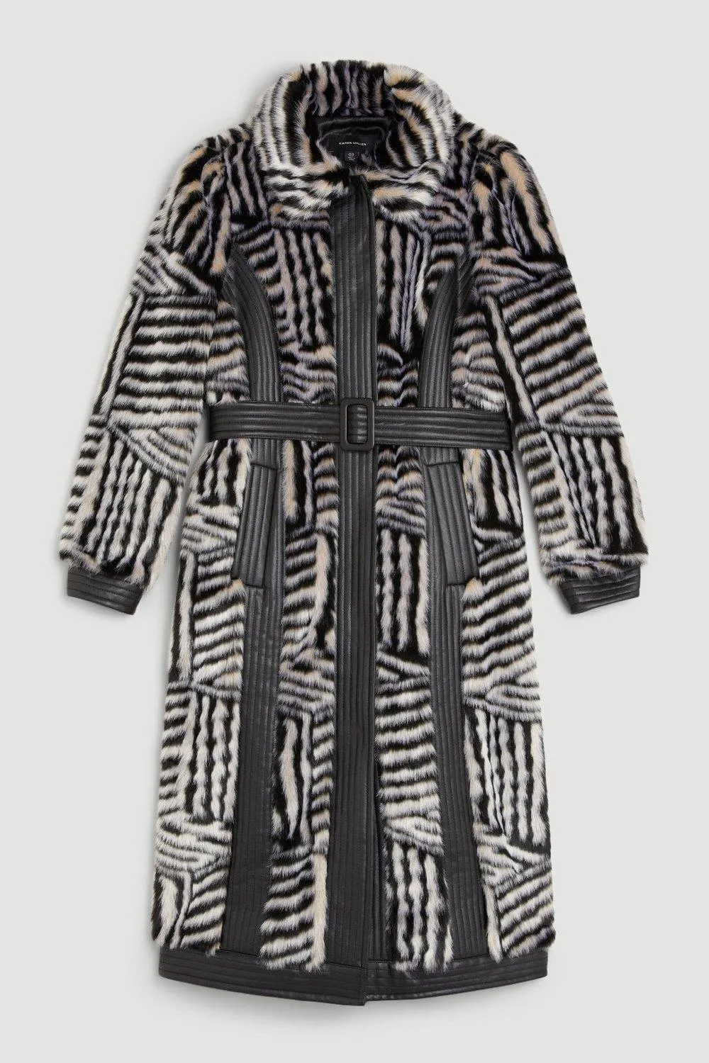 Faux Fur Pu Panelled Stripe Belted Coat BKK09259