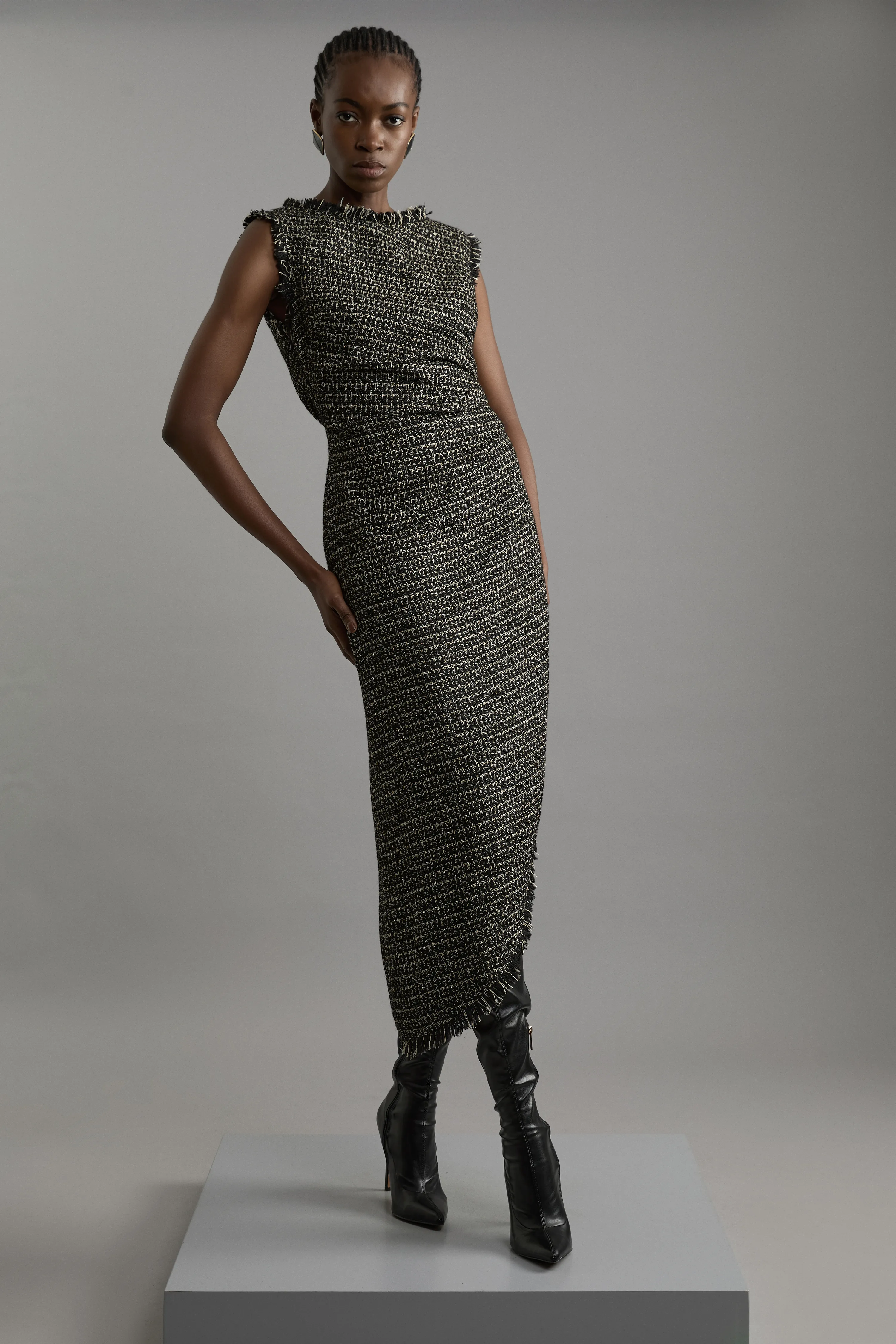 Metallic Boucle Tailored Ruched Midi Dress BKK22557