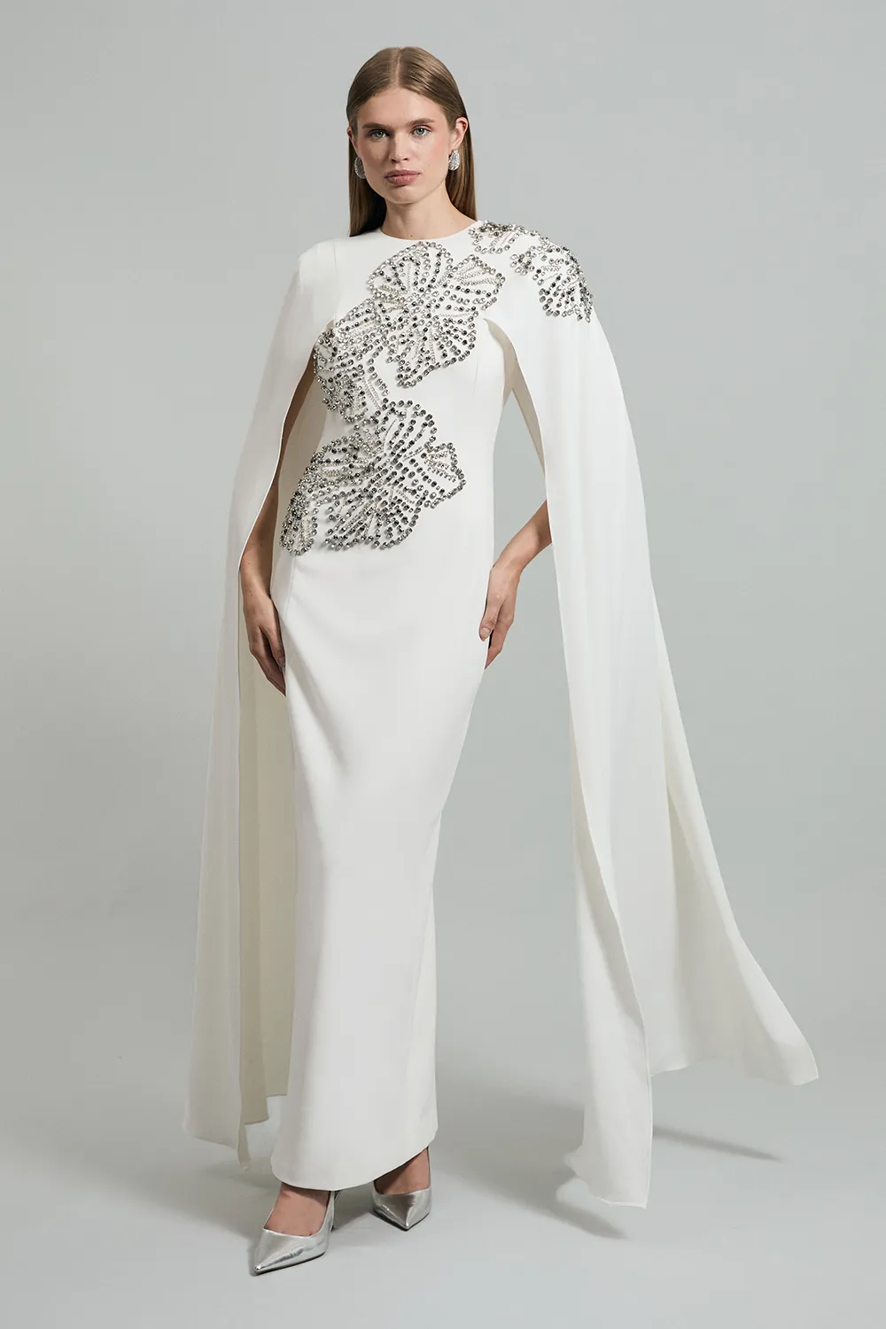 Placed Floral Crystal Embellished Tailored Drama Cape Maxi Dress BKK22721