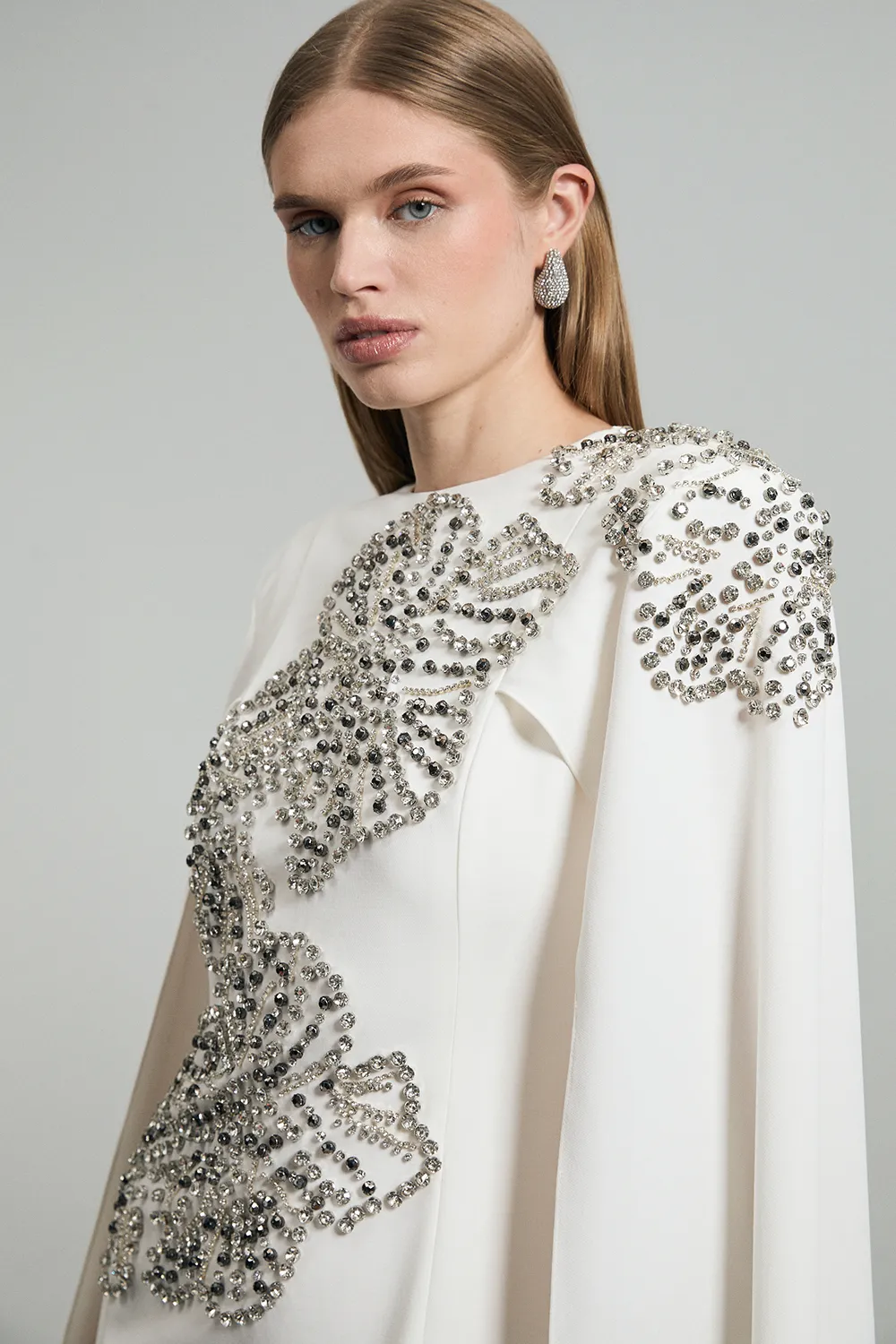 Placed Floral Crystal Embellished Tailored Drama Cape Maxi Dress BKK22721