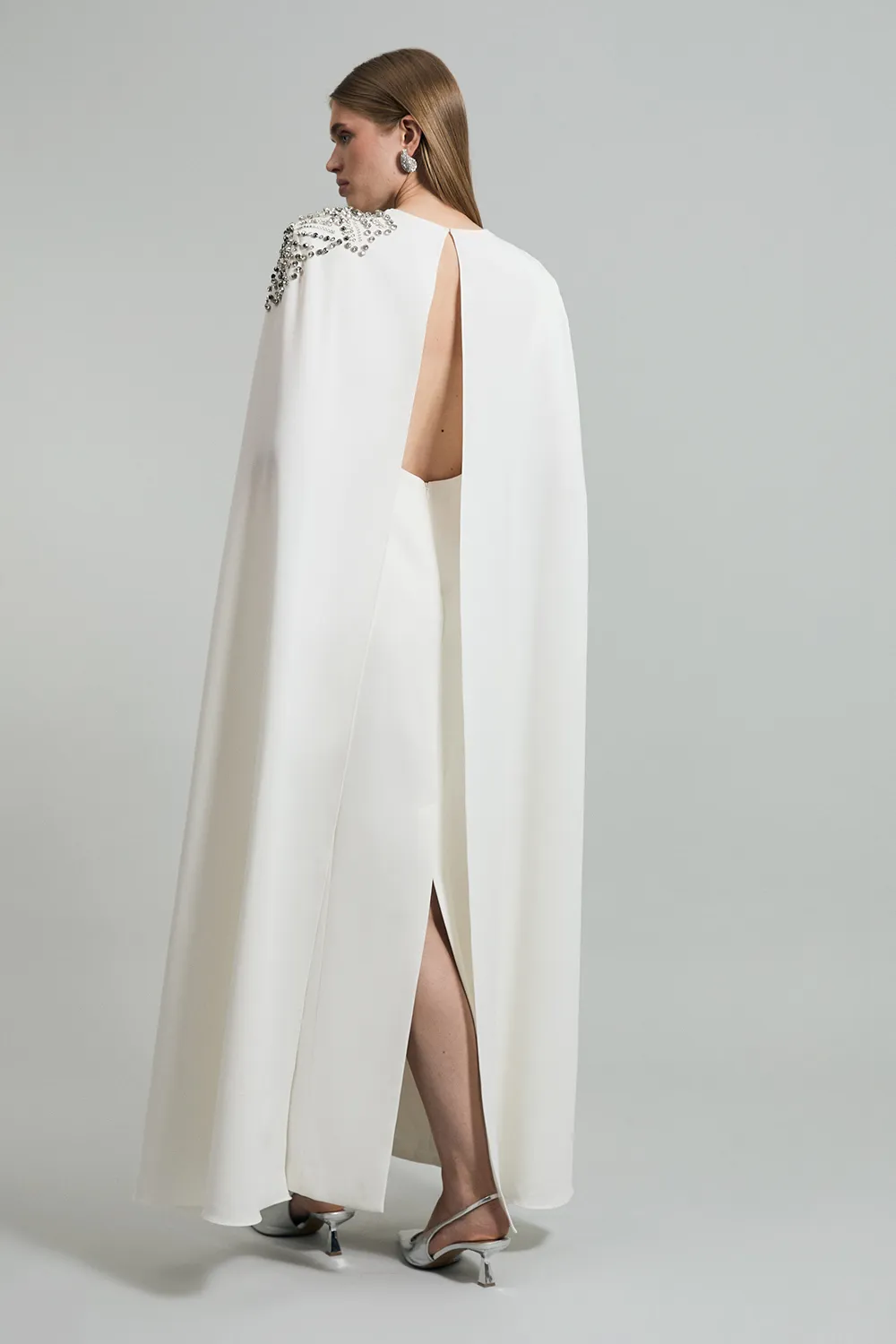 Placed Floral Crystal Embellished Tailored Drama Cape Maxi Dress BKK22721